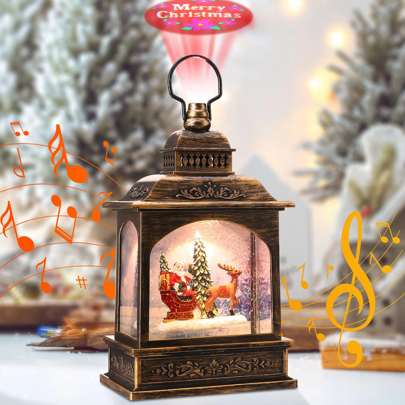 Coikes Linterna Navidad de Musical con Proyección Linternas de Globo Iluminado Xmas Water Lantern Linterna de Papá Noel con Purpurina Faroles de Navidad Decoraciones de Navidad