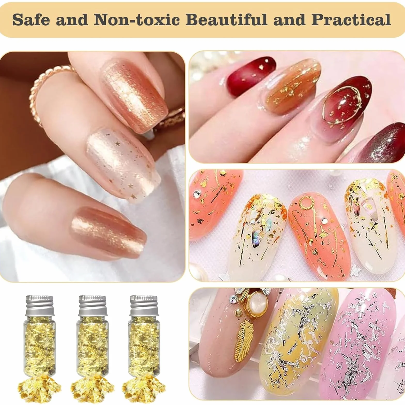6 Botellas Copos de Lámina de Oro, Hojas de Pan de Oro Decorativo para Embotellado y Manicura