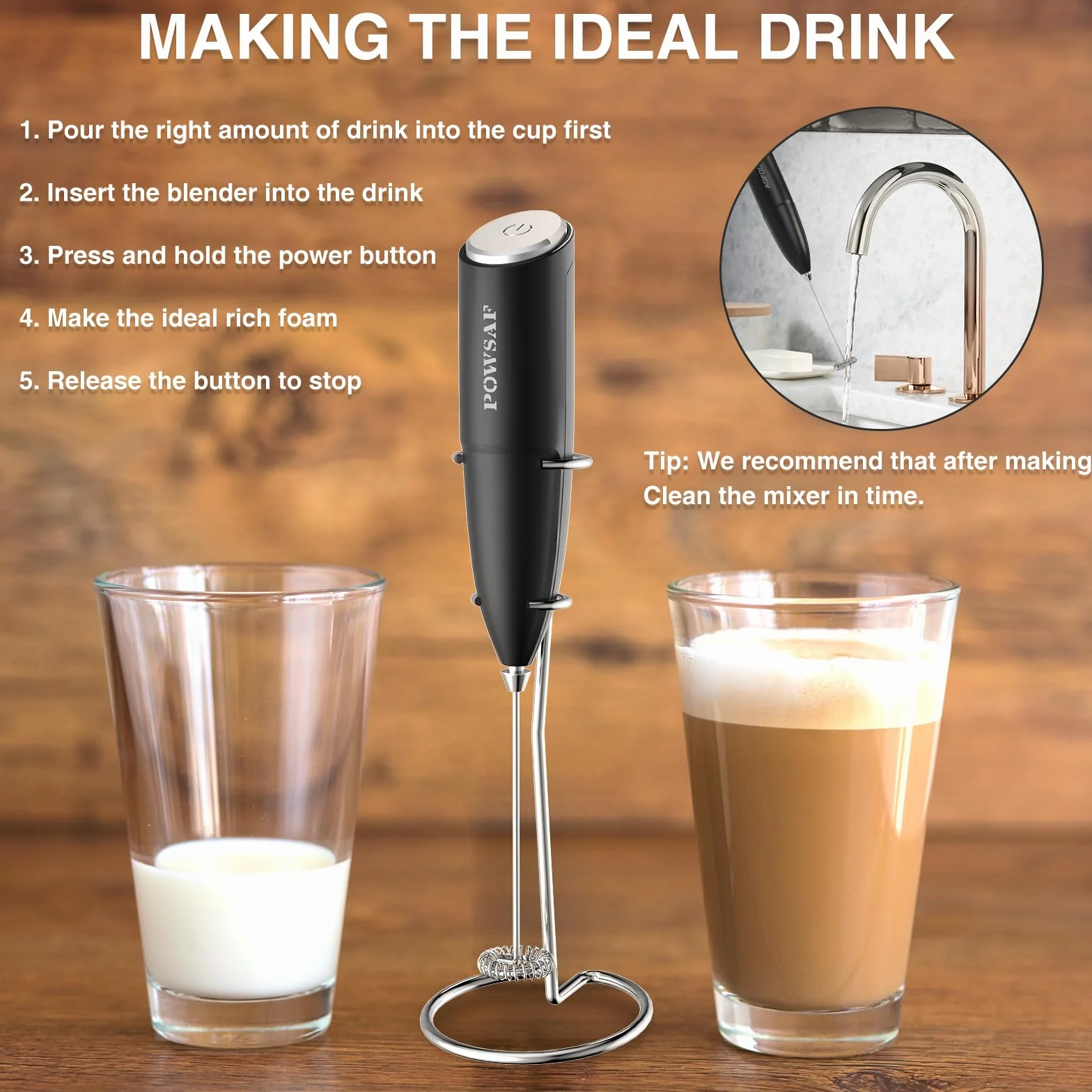 POWSAF Espumador de Leche Eléctrico 13000 RPM, Batidor de Espuma con Soporte, Negro