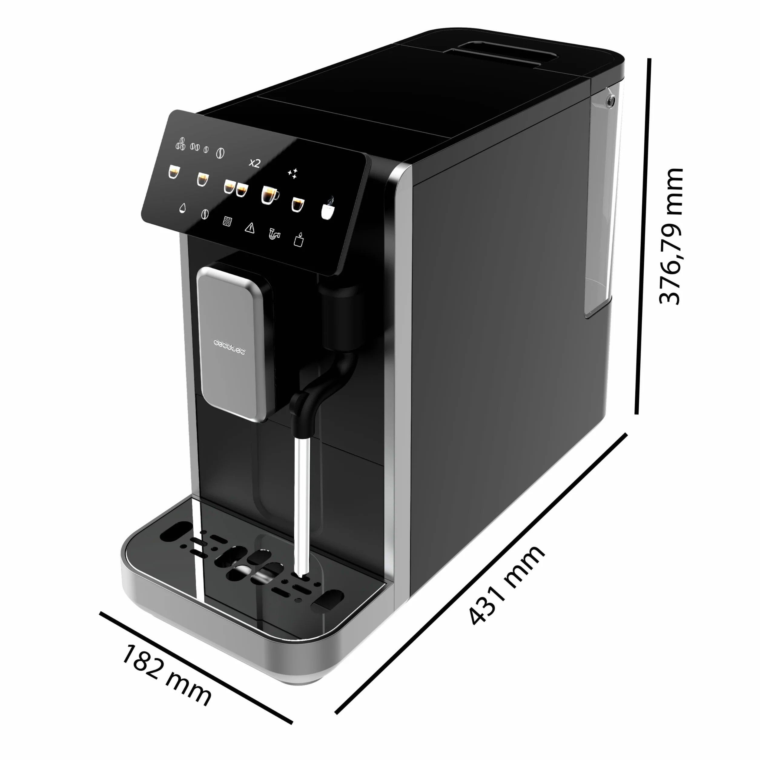 Cecotec Cafetera Superautomática con Vaporizador y Unidad de Procesado 20g Cremmaet Lungo Steam. 19Bares, Thermoblock, 5 Bebidas, 5 Niveles Molido, Descalcificación, Depósito 2L, Pantalla Táctil