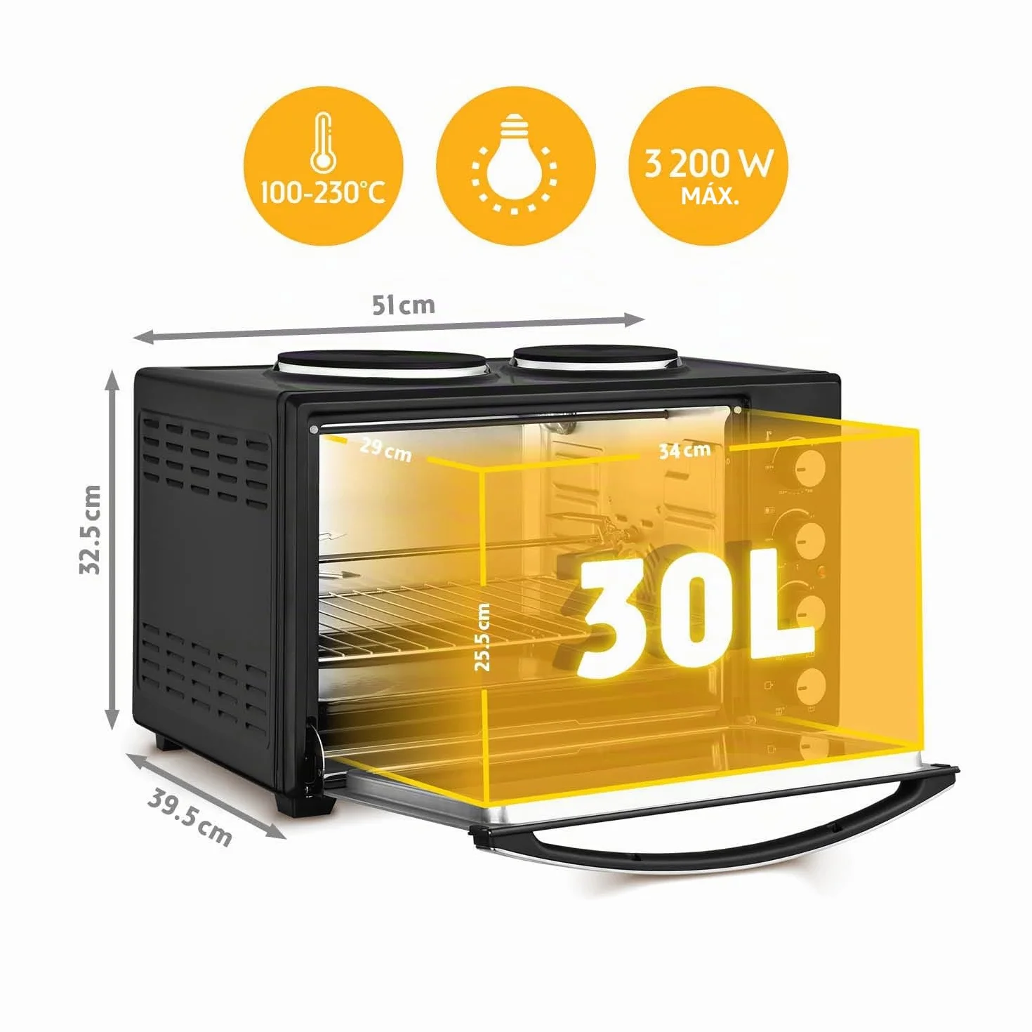 TZS First Austria Mini Horno 30L 3200W con Quemadores para Pizza 230°C 6 Modos