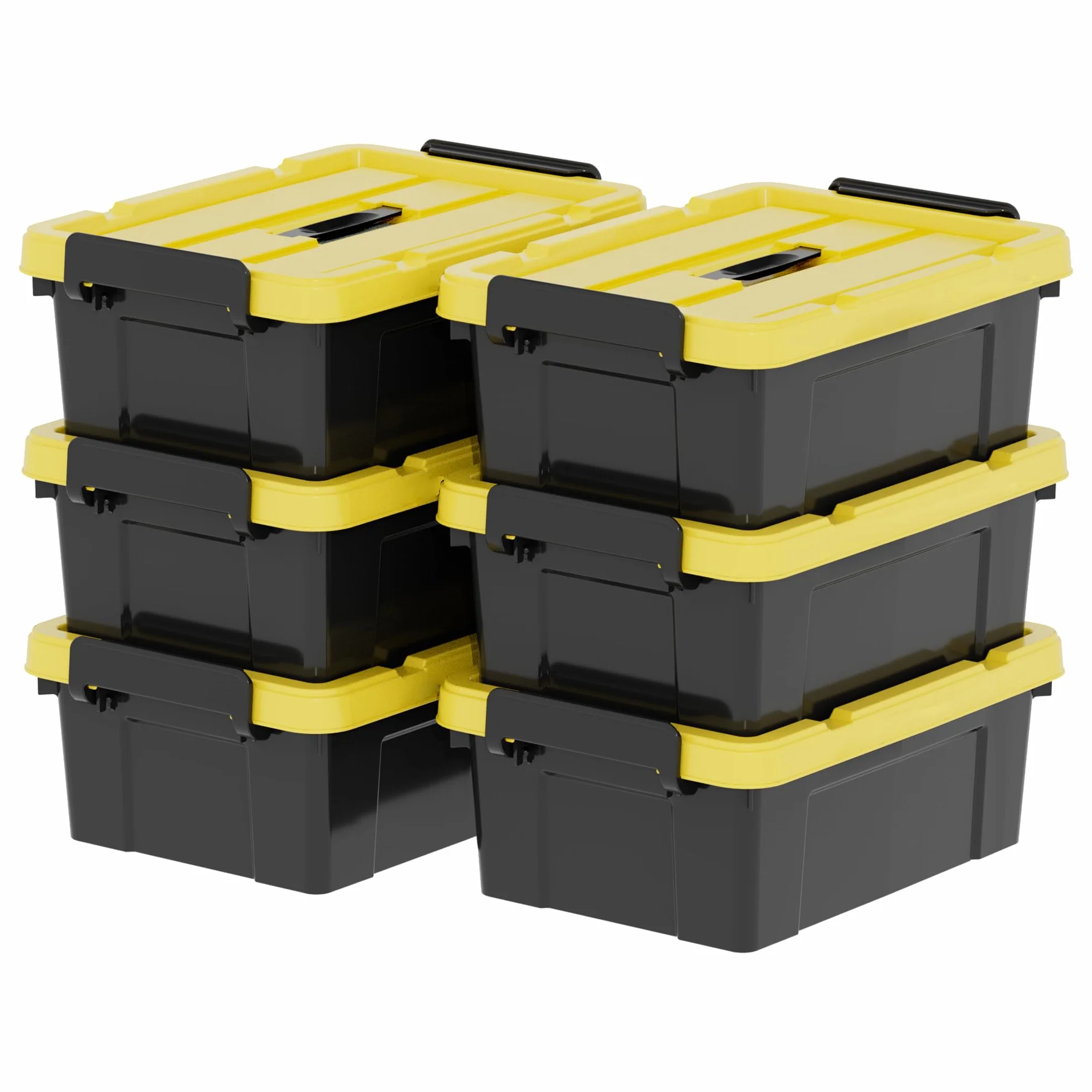 Cetomo 6 cajas de almacenamiento de plástico con tapas, asa y hebillas de cierre, apilable, negro y amarillo, 15