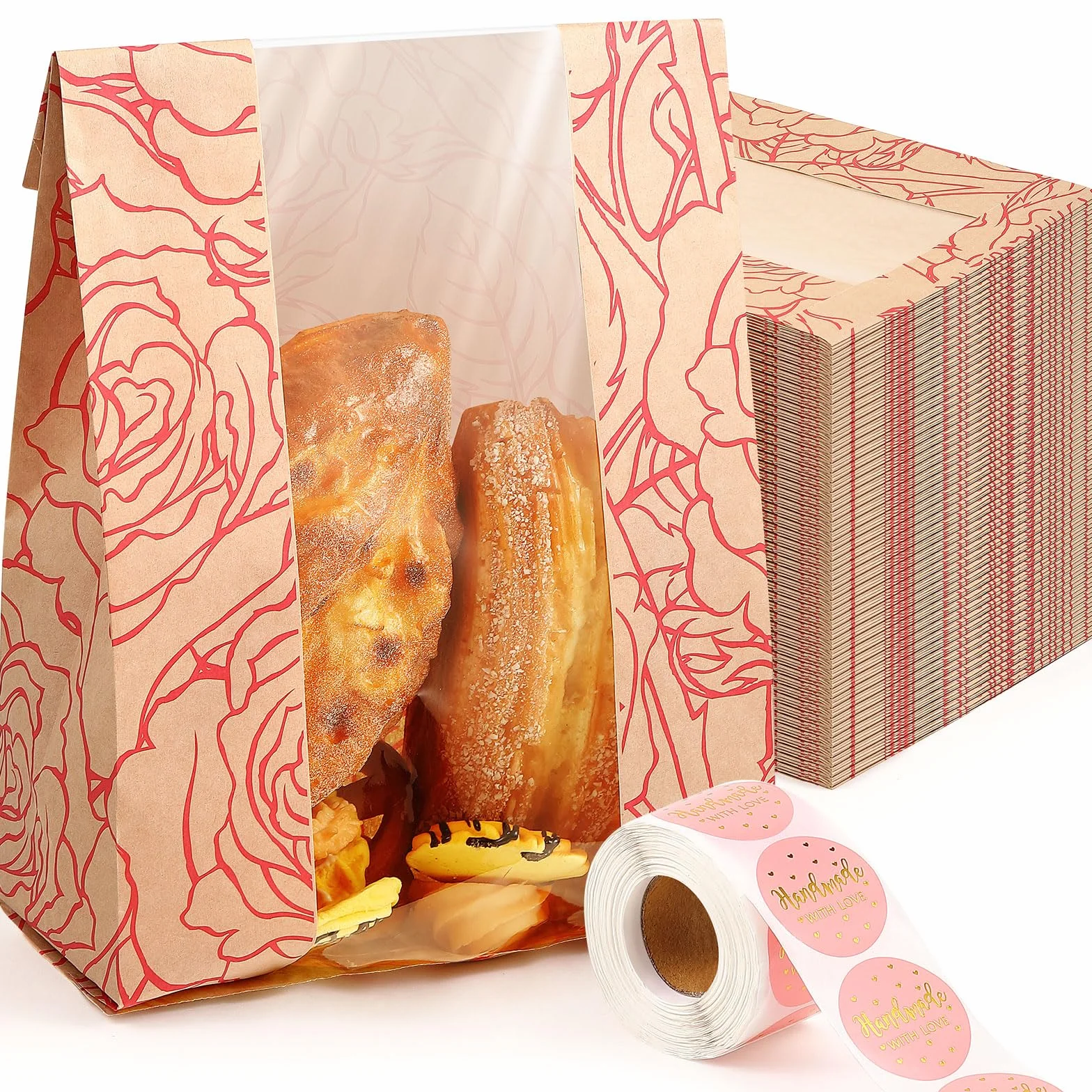 Paquete de 100 bolsas de pan a granel para pan casero, bolsas de pan kraft de masa madre con 500 calcomanías de amor, bolsas de papel grandes con ventana transparente para almacenamiento de