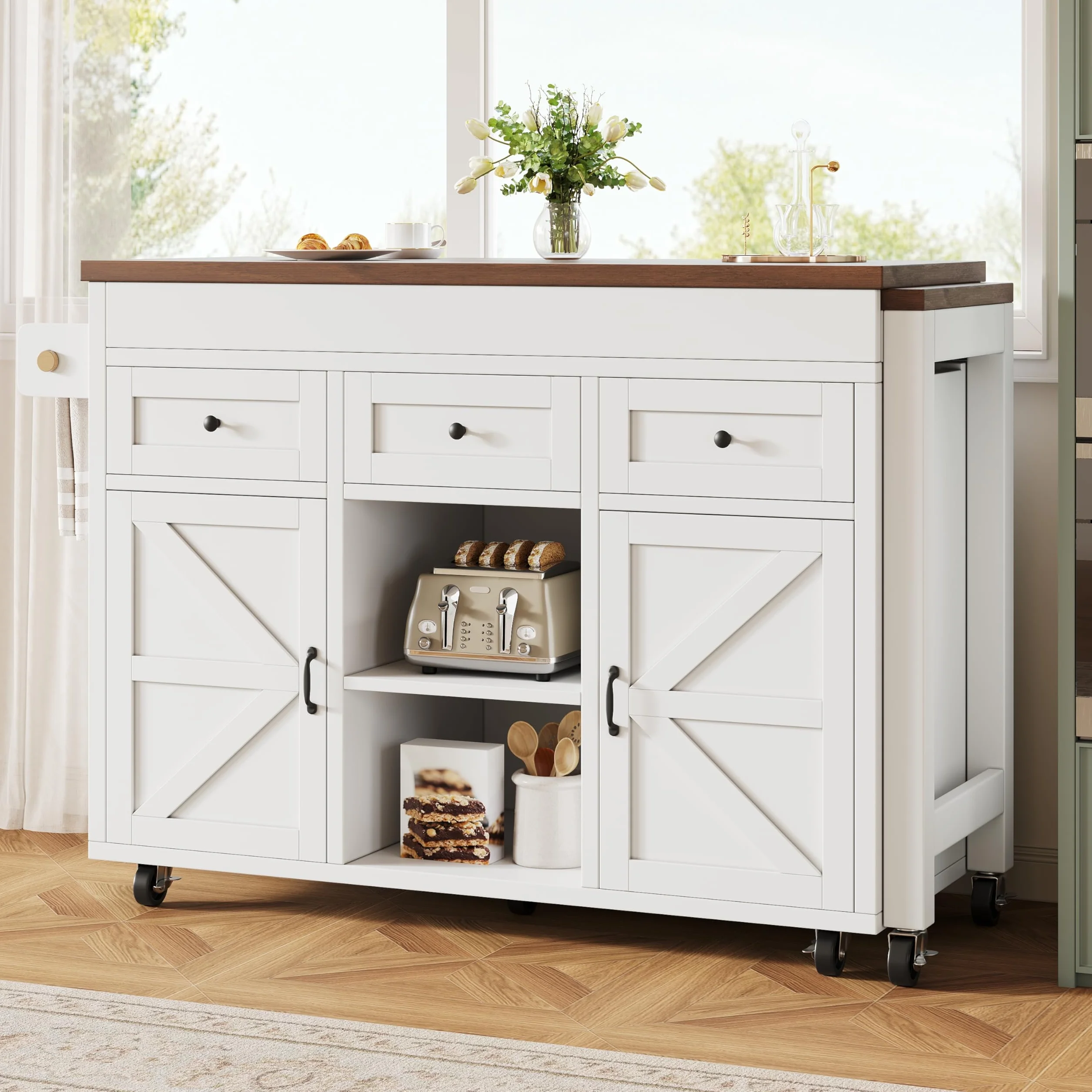 Isla de cocina independiente con encimera, mesa de comedor extensible a 360°, 2 puertas y 3 cajones, carro de cocina móvil, para cocina, comedor, 131,5-210 x 40 x 90 cm