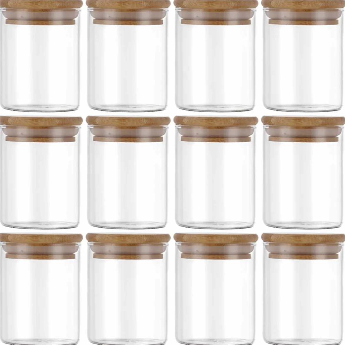 Tarro de Vidrio con Tapa de Bambú 250ml, 12 Piezas | Boca Ancha, Cierre Hermético, Vidrio y Silicona, para Harina y Azúcar, Formato Compacto de Cocina