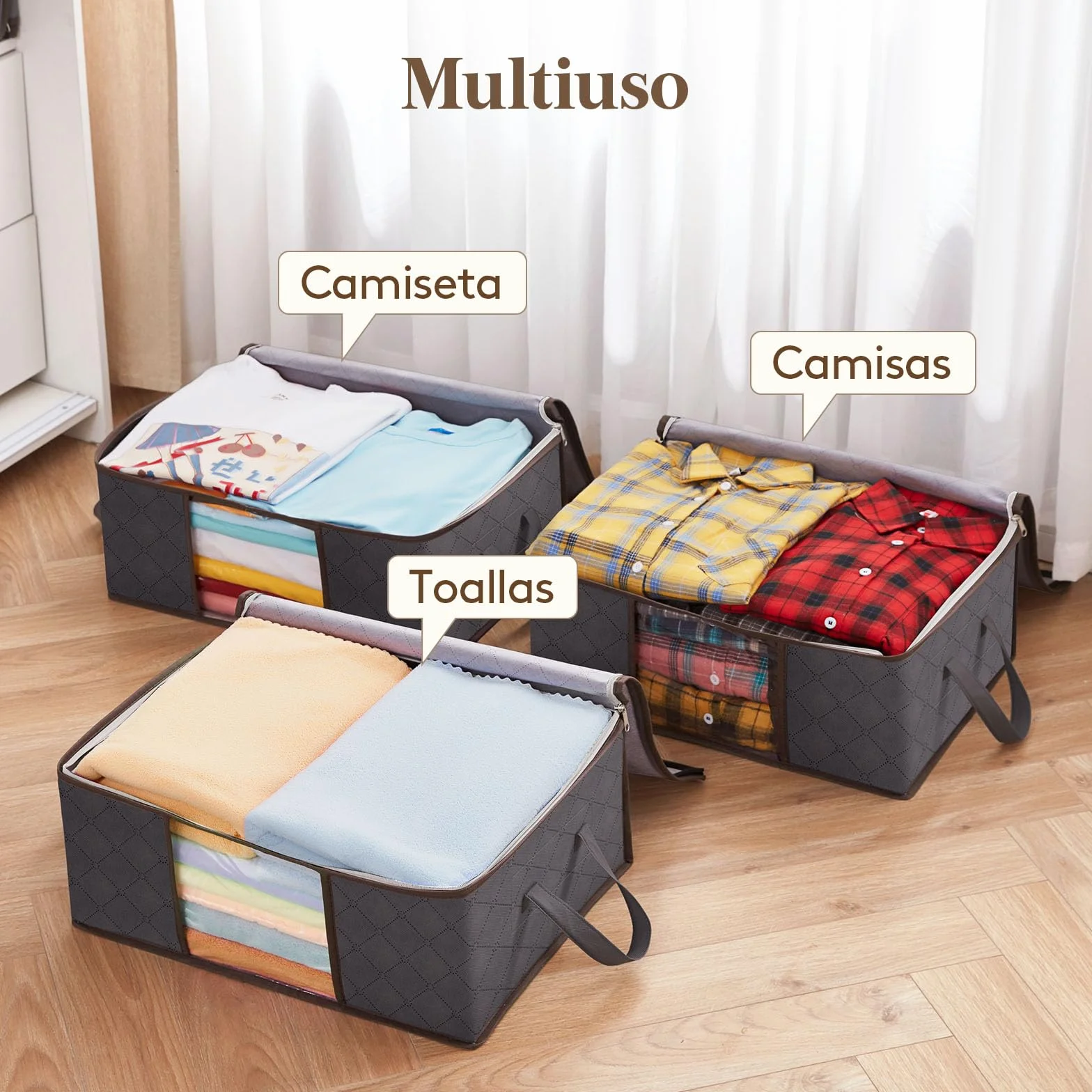 Lifewit Cajas Almacenaje Ropa Plegable Organizador Armario Tejido Resistente Ventana Transparente Gris 35 L 3 Piezas