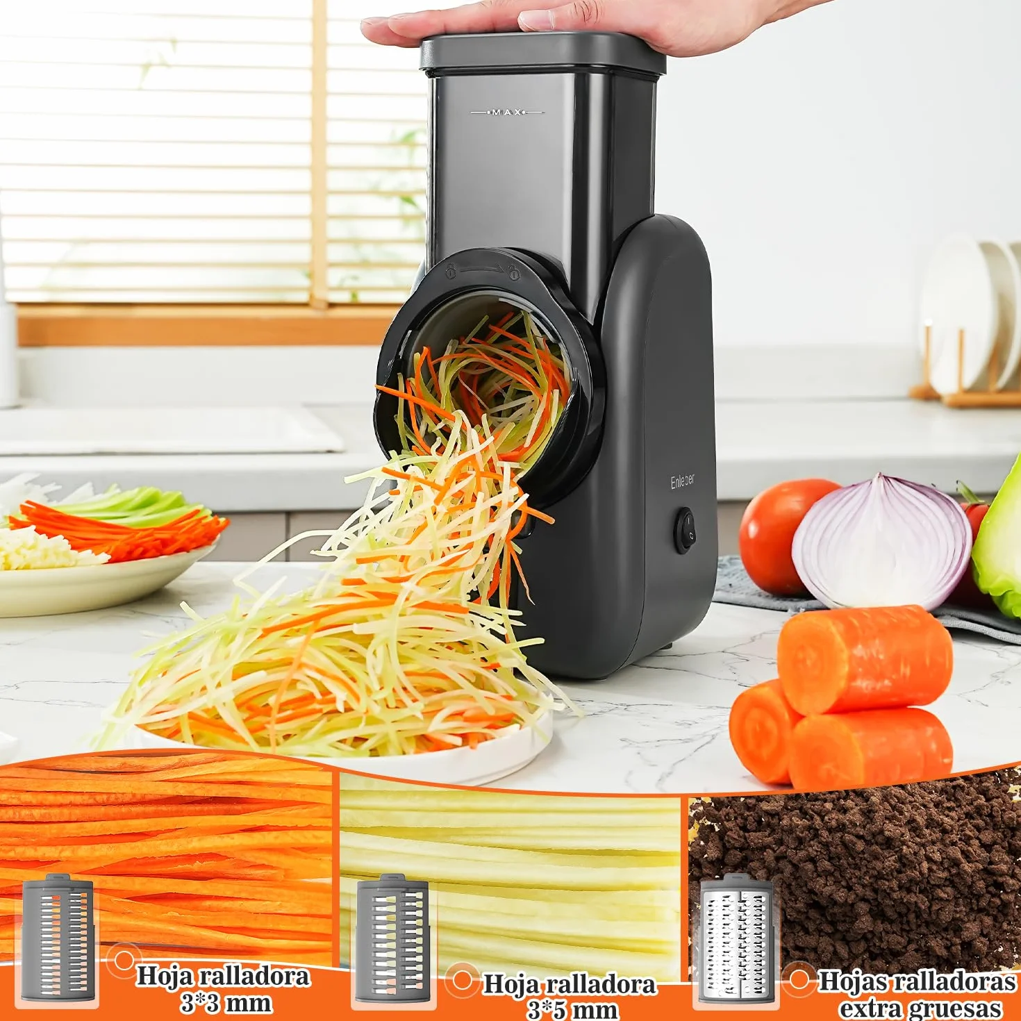 Rallador Eléctrico de Queso, Verduras y Fruta, Cortador Eléctrico, para Zanahorias, Pepino, Manzanas, Nueces Gris-Negro