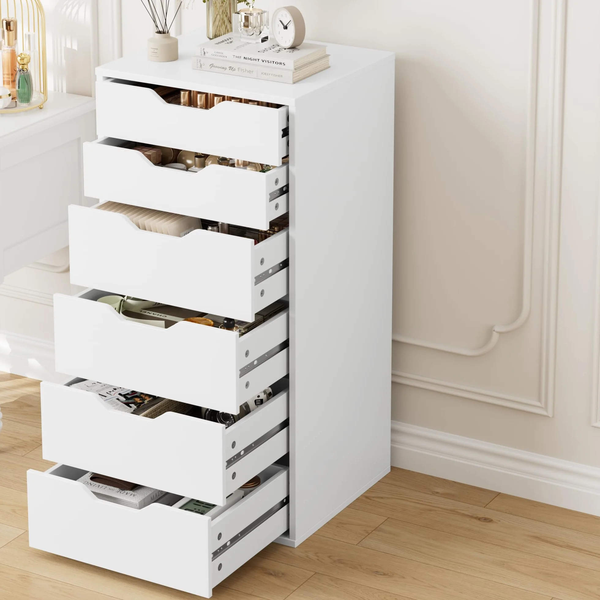 FOREHILL Comoda Dormitorio Comodas y Cajoneras Sinfonier Dormitorio Alto Cómoda Cajonera Estrecha con 6 Cajones Mueble Almacenaje para Salón, Oficina, Blanco 45x40x90.5cm