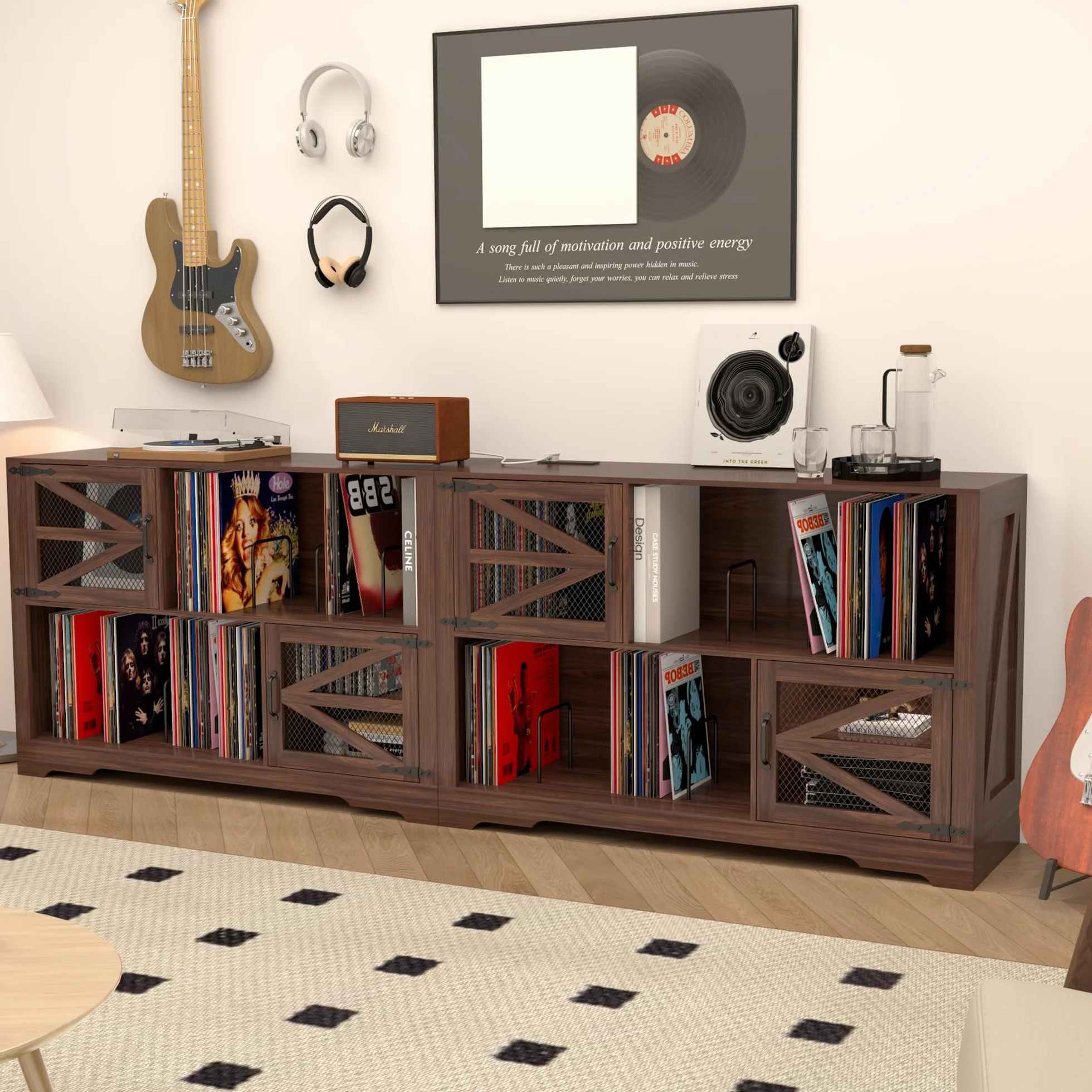 MDF Mueble para Discos de Vinilo con Acabado Nogal,Soporte para 500+ Vinilos, 2 Enchufes & 2 USB, Antivuelco, Mueble Compacto para Salón y Tocadiscos,Color Nogal（120×40×80cm）