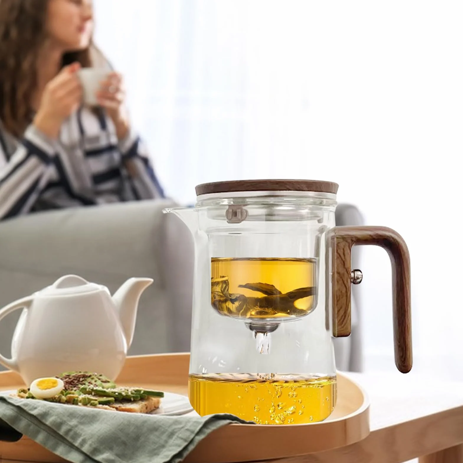 Mágica Transparente Antiderrames Con Infusor De Vidrio Con Separación De Agua Y Mango De Madera