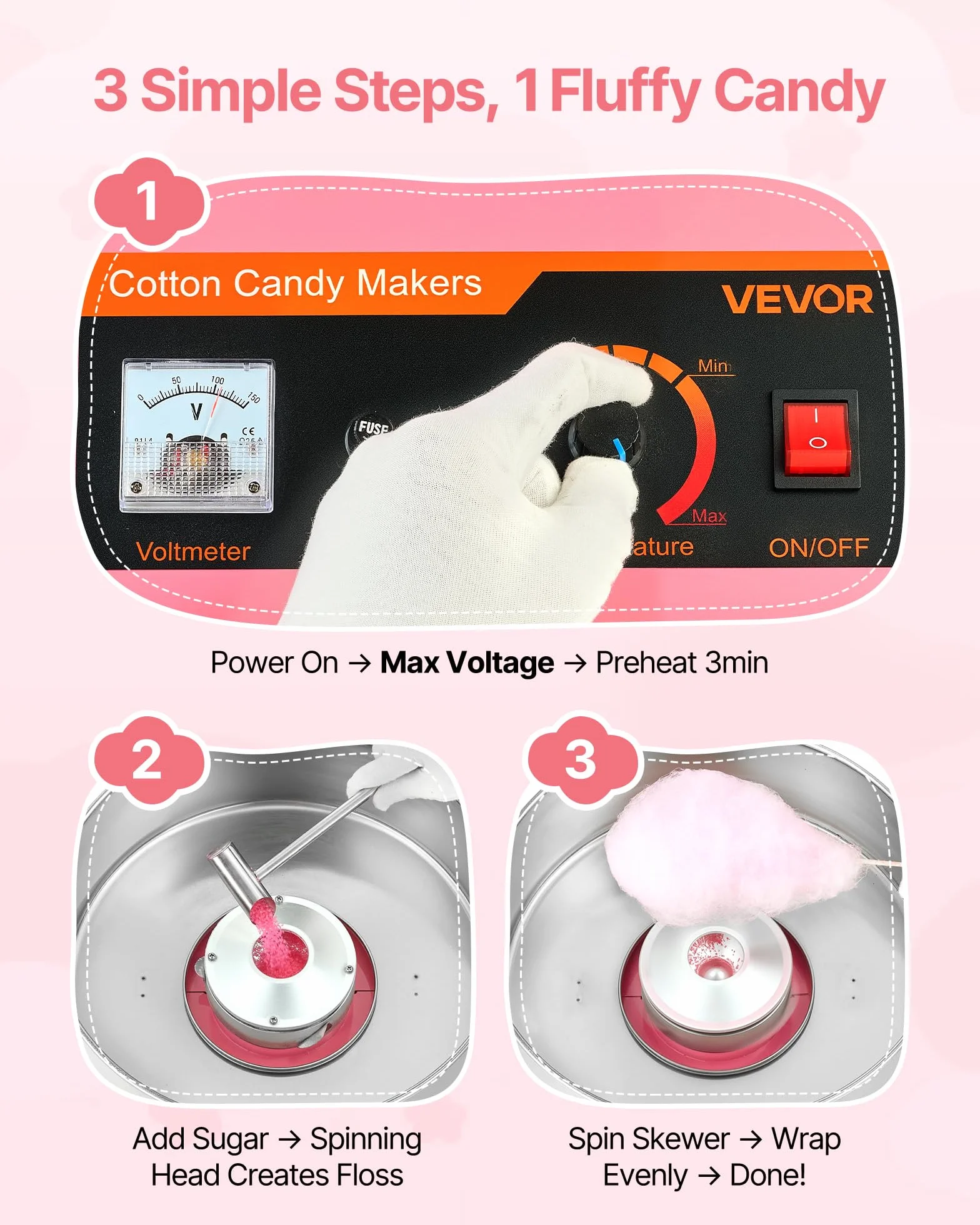 VEVOR Máquina de Algodón de Azúcar Eléctrica 1000 W 38 x 38 x 34 cm Rosa