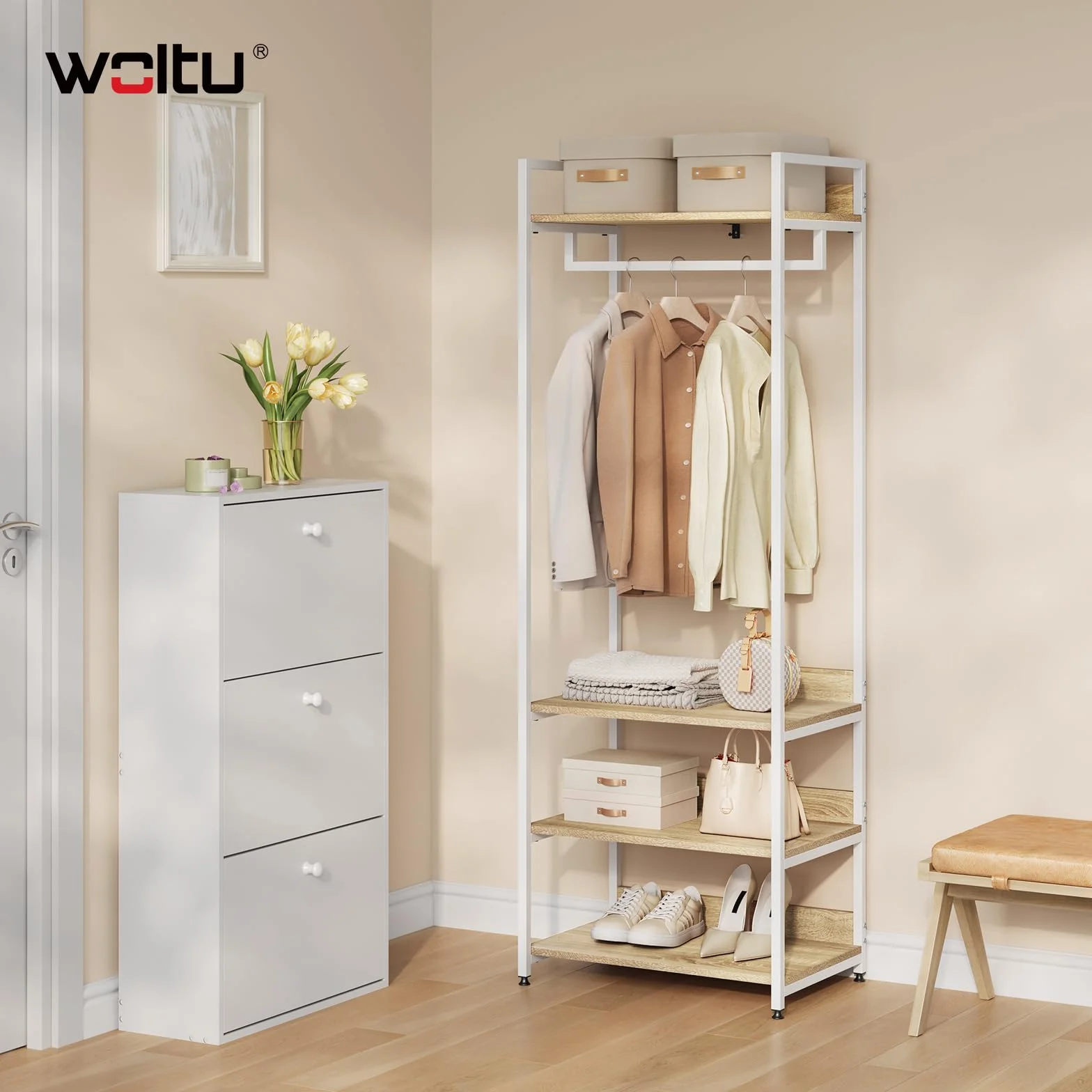 WOLTU Perchero Ropa Armario Burro Zapatero con 3 Estante Multiusos Fuerte Metal y Madera de Estilo Industrial