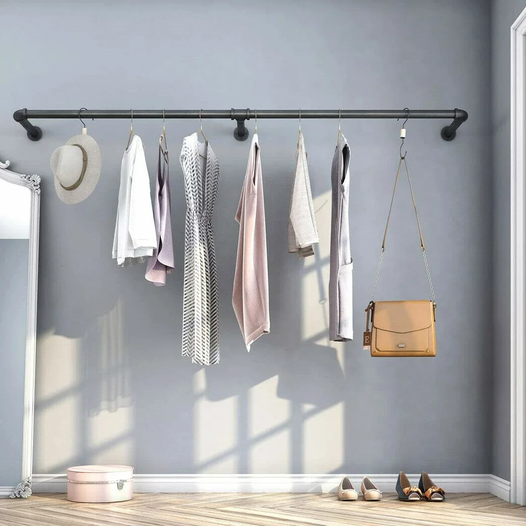unho Perchero de Pared Industrial, Barra Perchero de Tubo Vintage Desmontable de Longitud Ajustable 90-180cm Carga hasta 30kg (Negro)