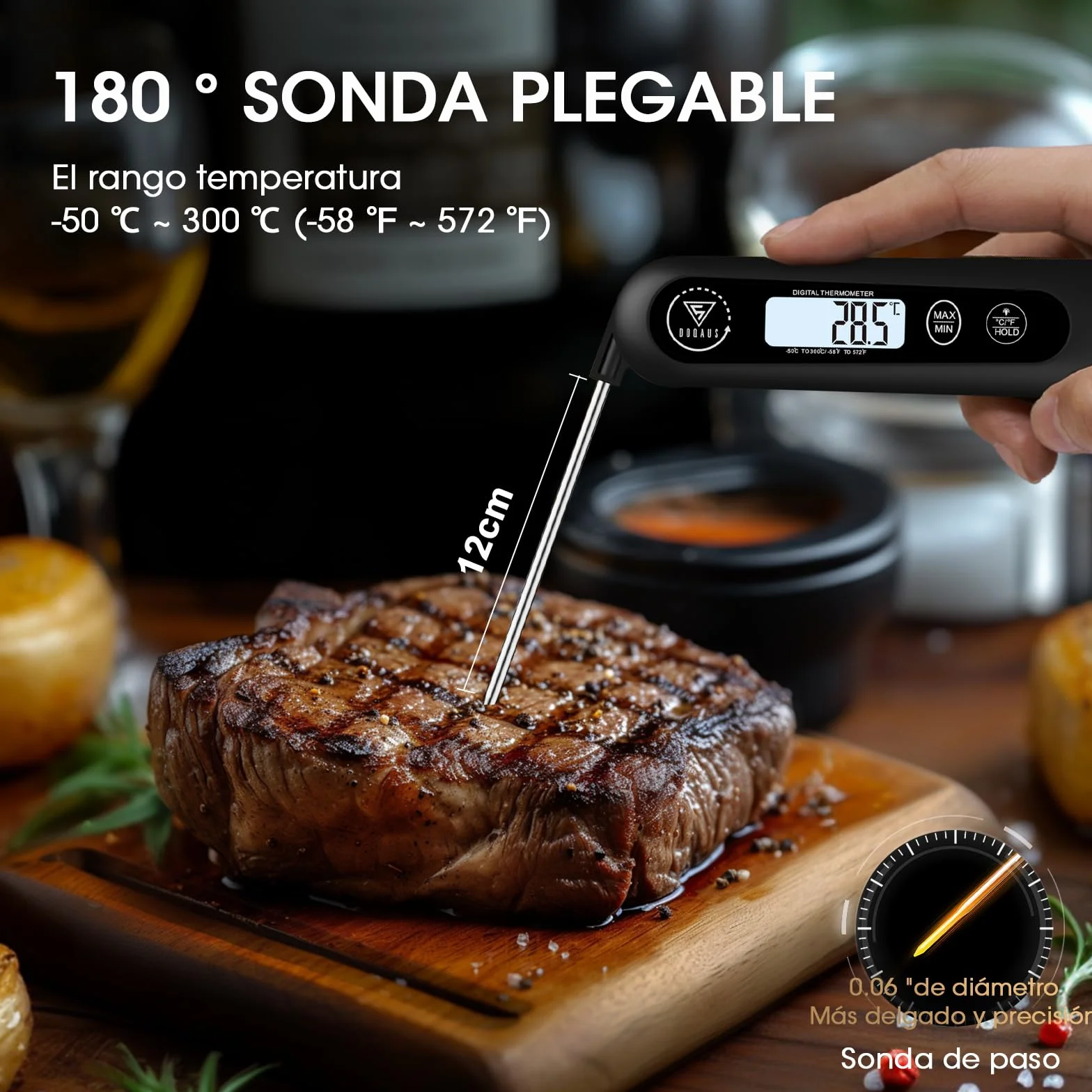 DOQAUS Termometro Cocina Digital de Lectura Instantánea de 3s, Termómetro Alimentos con Plegable Sonda Larga, Termometro Carne con Pantalla LCD para Carne, BBQ, Comida, Liquidos, Aceite, Agua