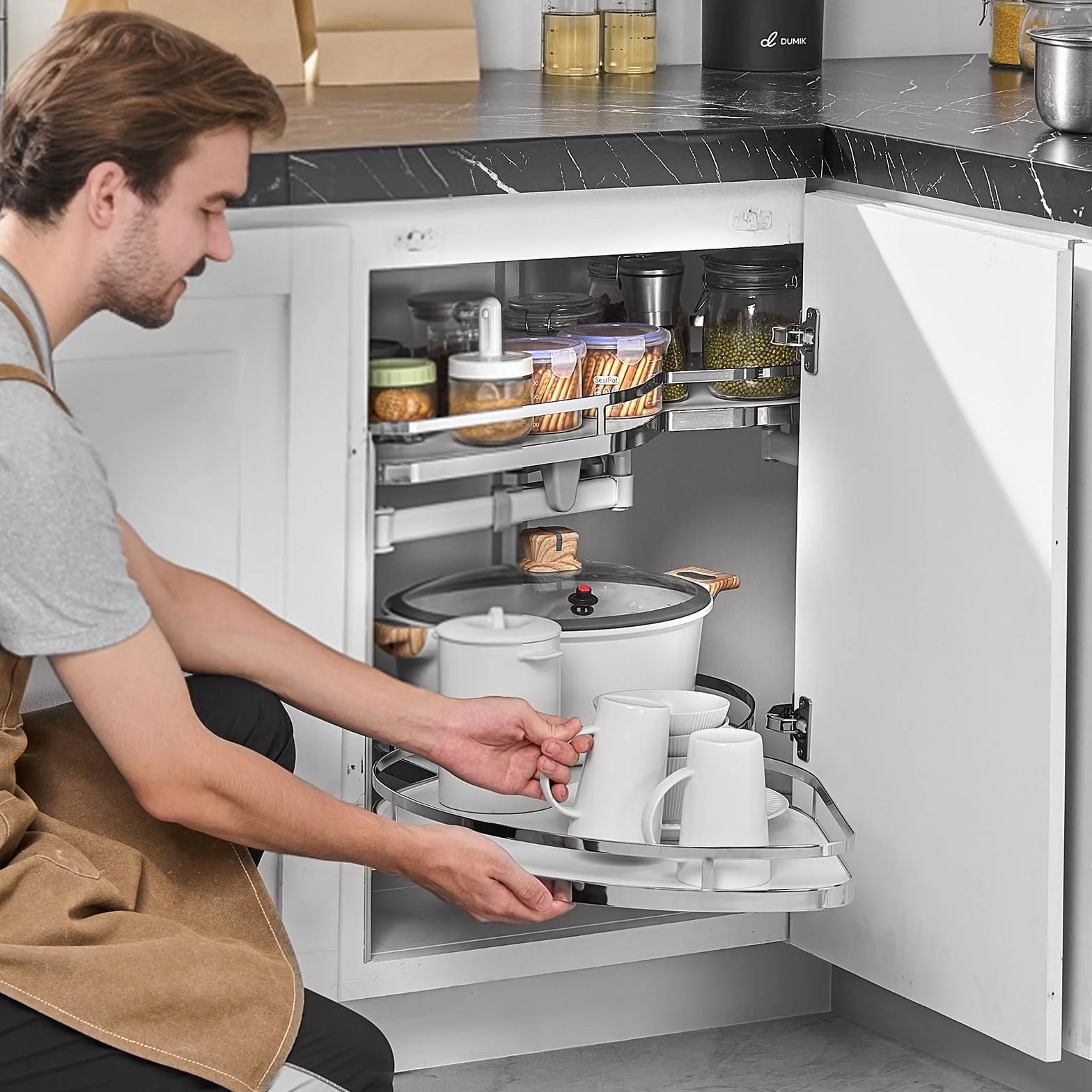 VEVOR Armario de Esquina con Bisagras Abatibles a la Izquierda, Organizador Extraíble para Armarios con Bisagra, Bandeja Abatible de 2 Niveles con Altura Ajustable, a la Izquierda, 850 x 490 x 780 mm