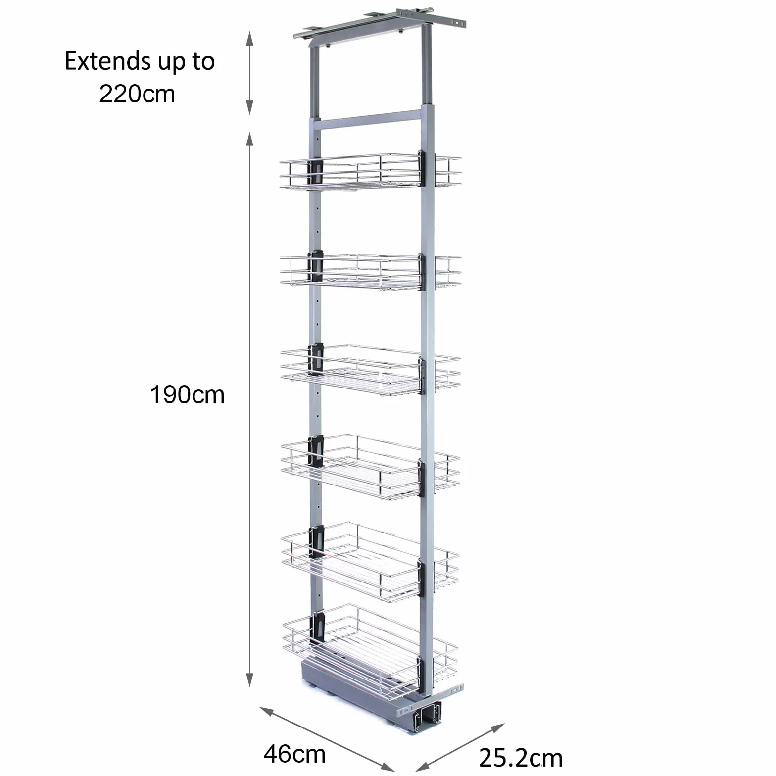 Columna Despensero Extraíble de Cocina en Acero Inoxidable con 6 Cestos 46cm x 25,2cm x 190-220cm Altura Regulable Armario Mueble Almacenaje Almacenamiento Cocina con Tornillos y llave Allen Gratis