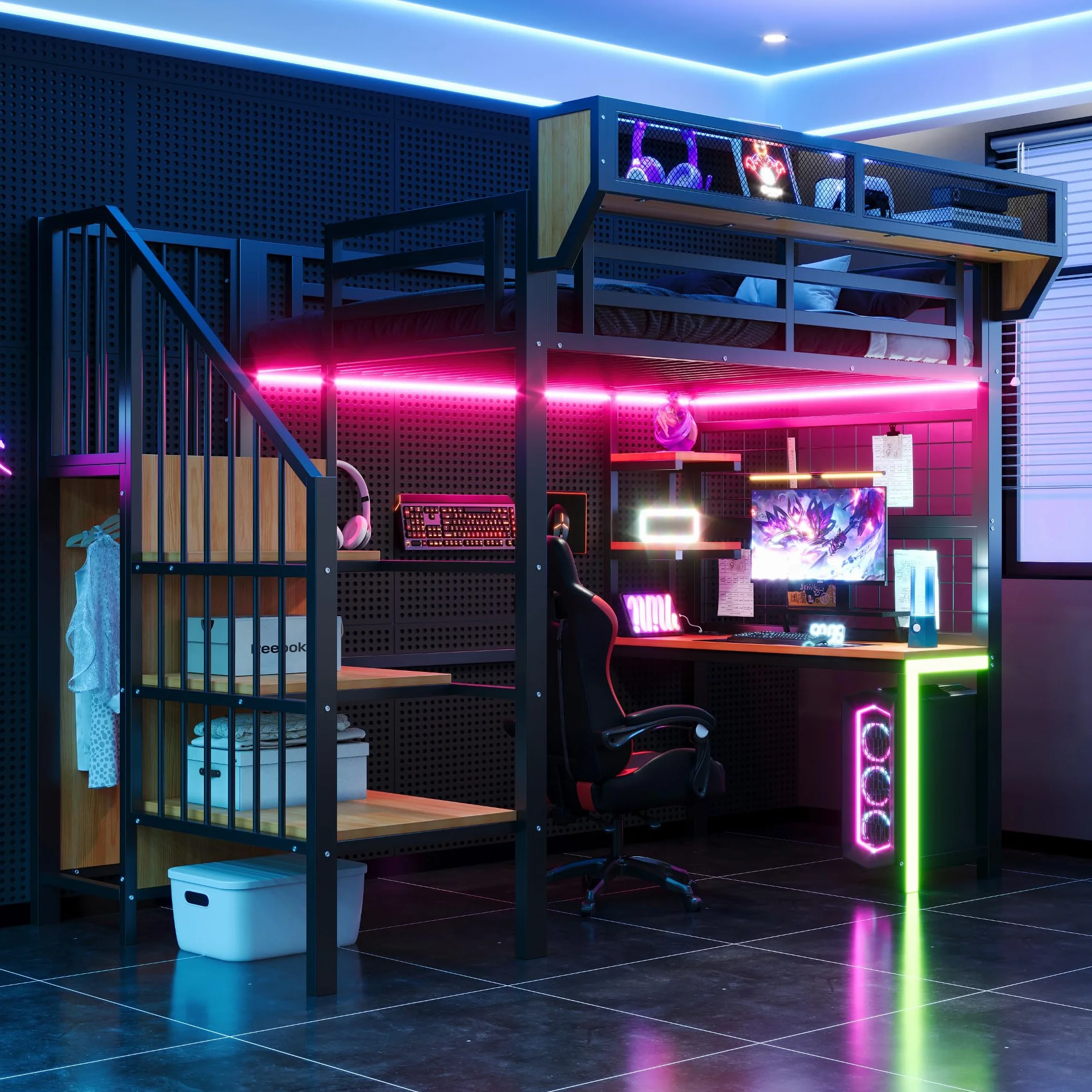Cama alta de metal 90 × 200 con luces LED, enchufe, escritorio, estante, red de almacenamiento, litera para niños con escalera portaobjetos, estructura de cama individual, color negro