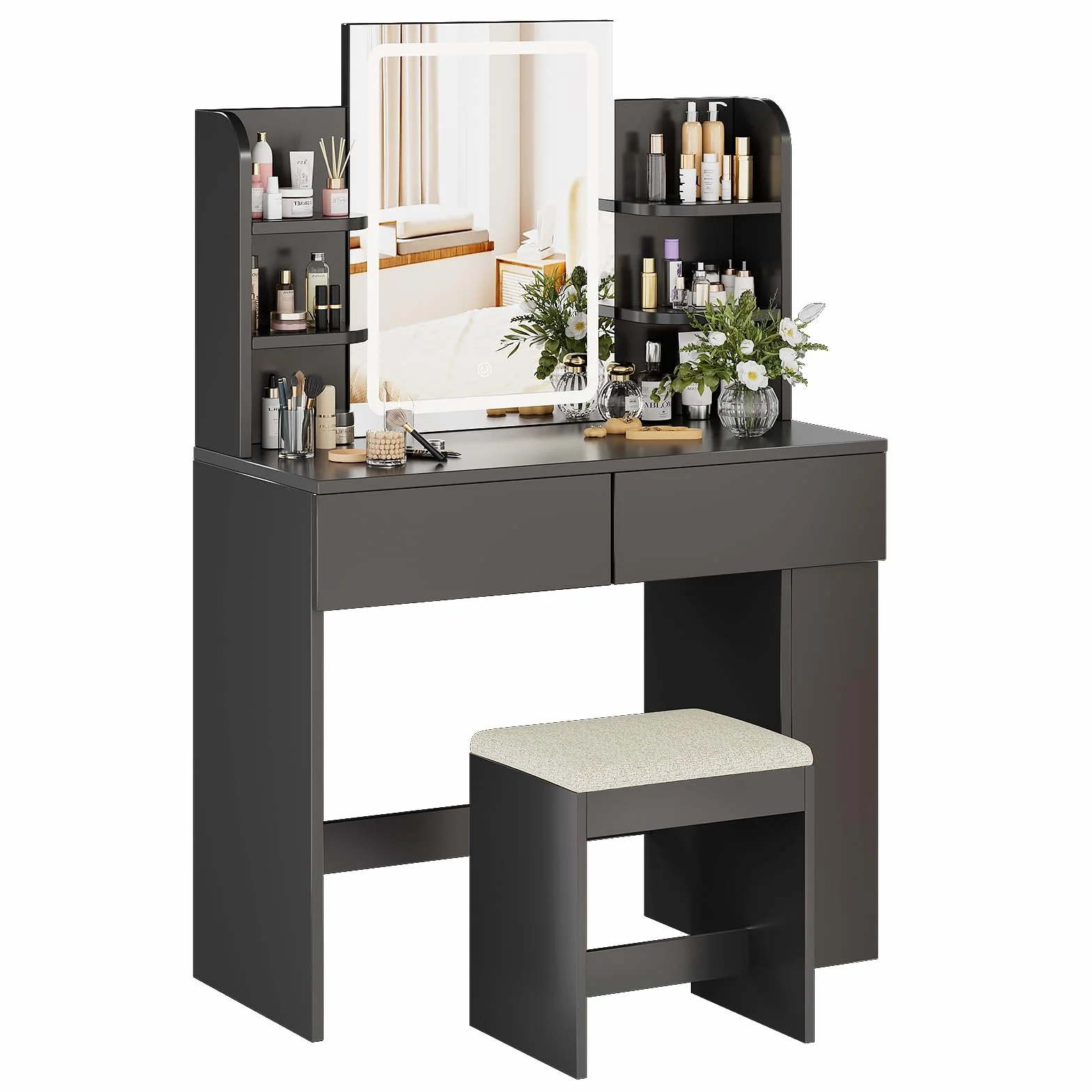 TRIUMPHKEY Tocador de Maquillaje con Espejo LED Regulable, Mesa de Maquillaje con 2 Cajones y Taburete, 90x40x135 cm, Negro