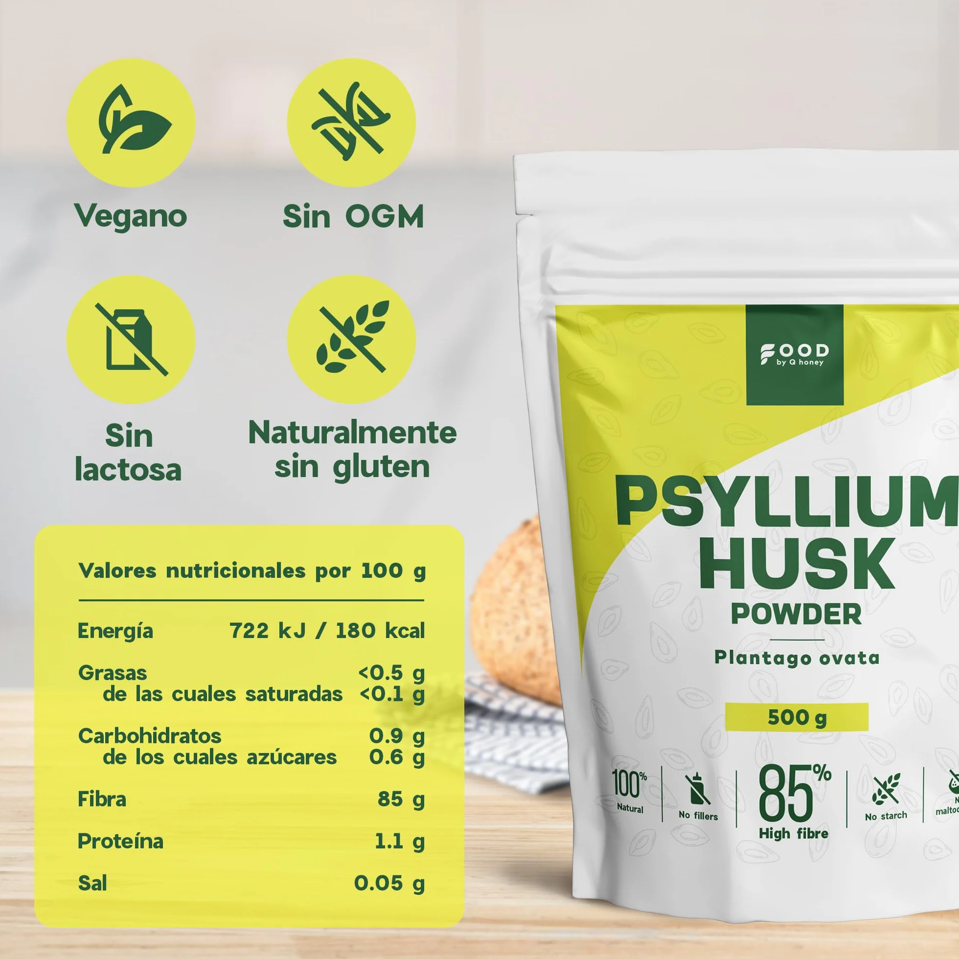 Psyllium Husk en Polvo 500 g - Alto en Fibra (~85%), Sabor Neutro - Vegano, Sin OGM - Plantago Ovata