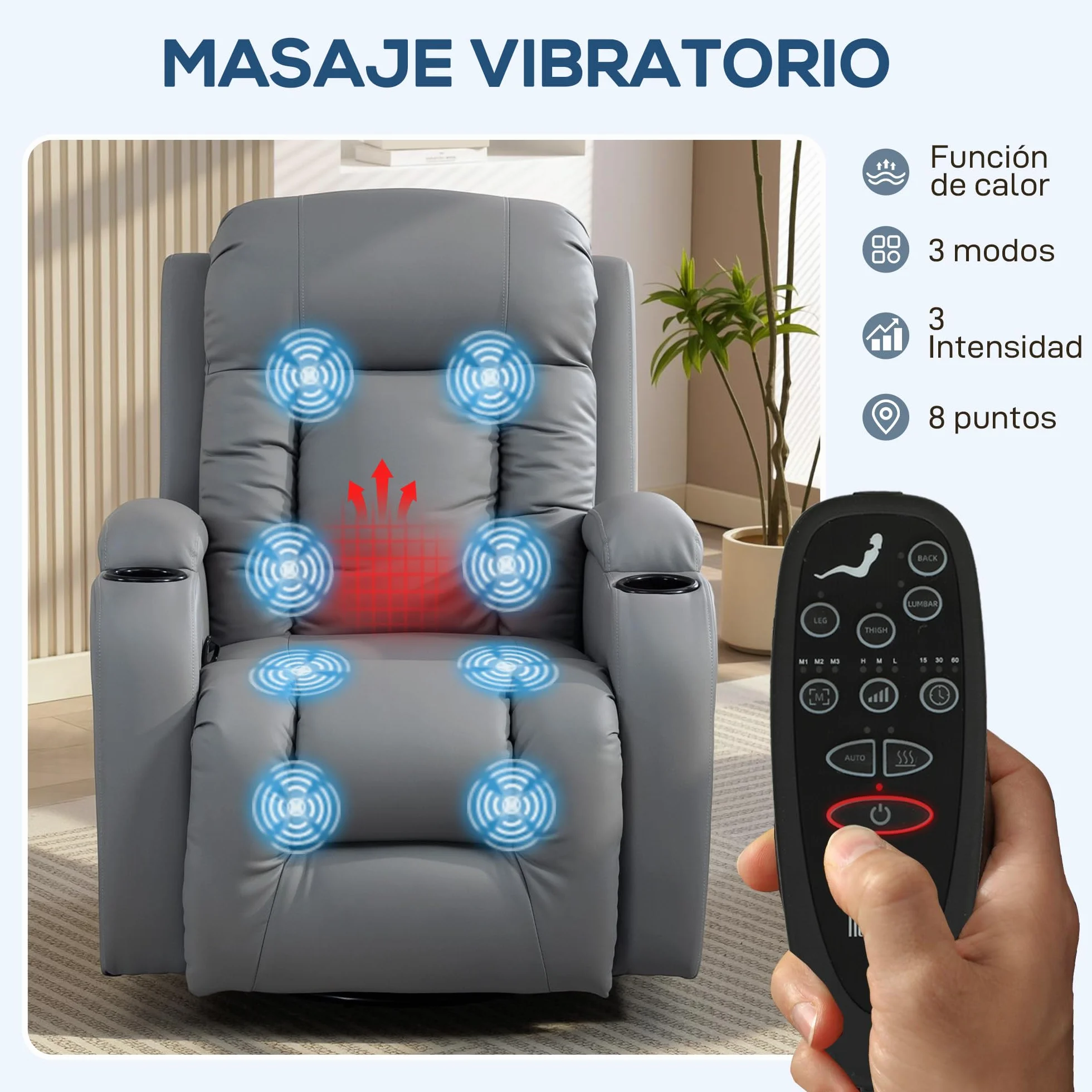 HOMCOM Sillón de Masaje Giratorio, Sillón Relax Reclinable con 8 Puntos de Masaje, Función Calefacción Lumbar, Mando a Distancia, Tapizado en PU, Reposapiés, Bolsillo Lateral, Función Basculante Gris