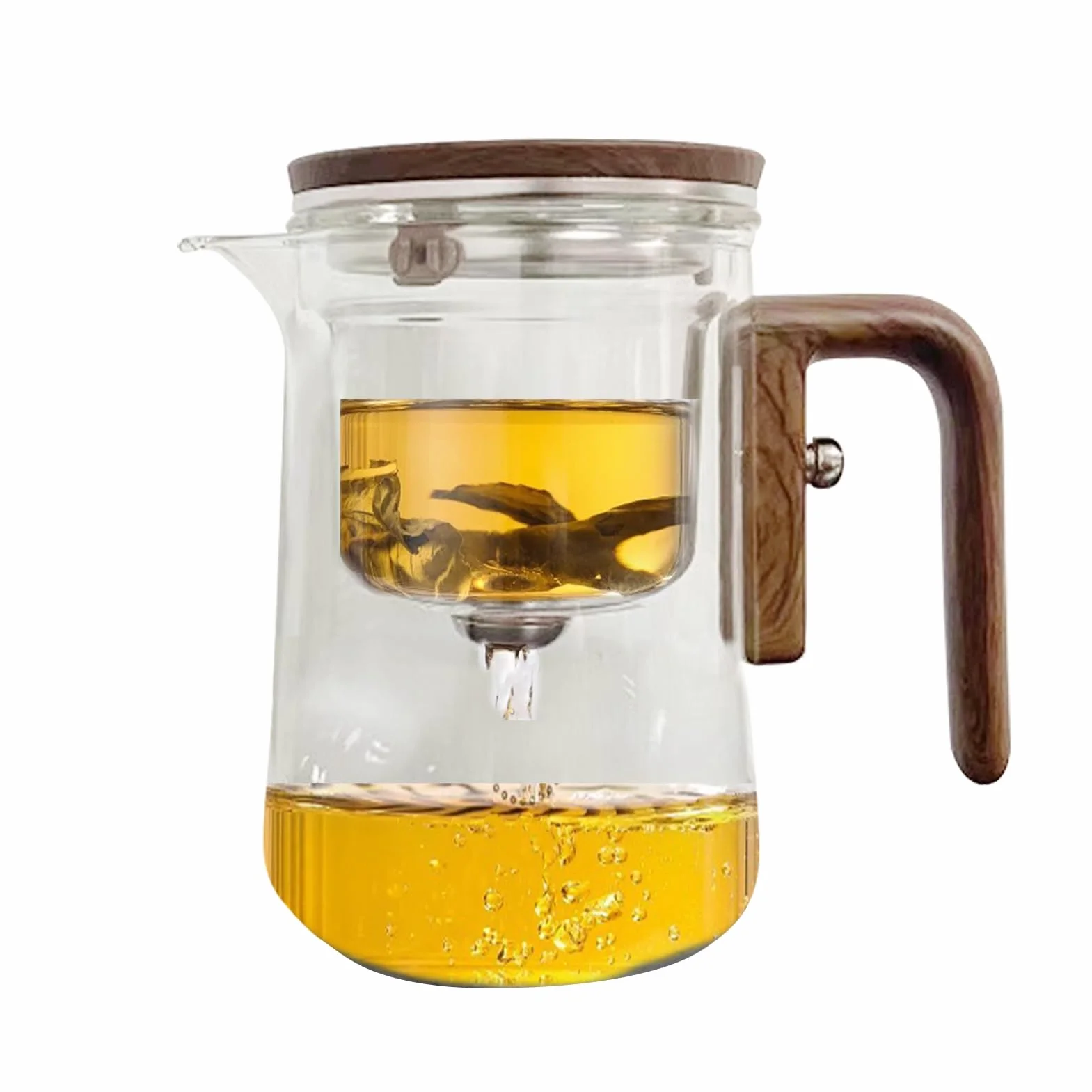 Mágica Transparente Antiderrames Con Infusor De Vidrio Con Separación De Agua Y Mango De Madera