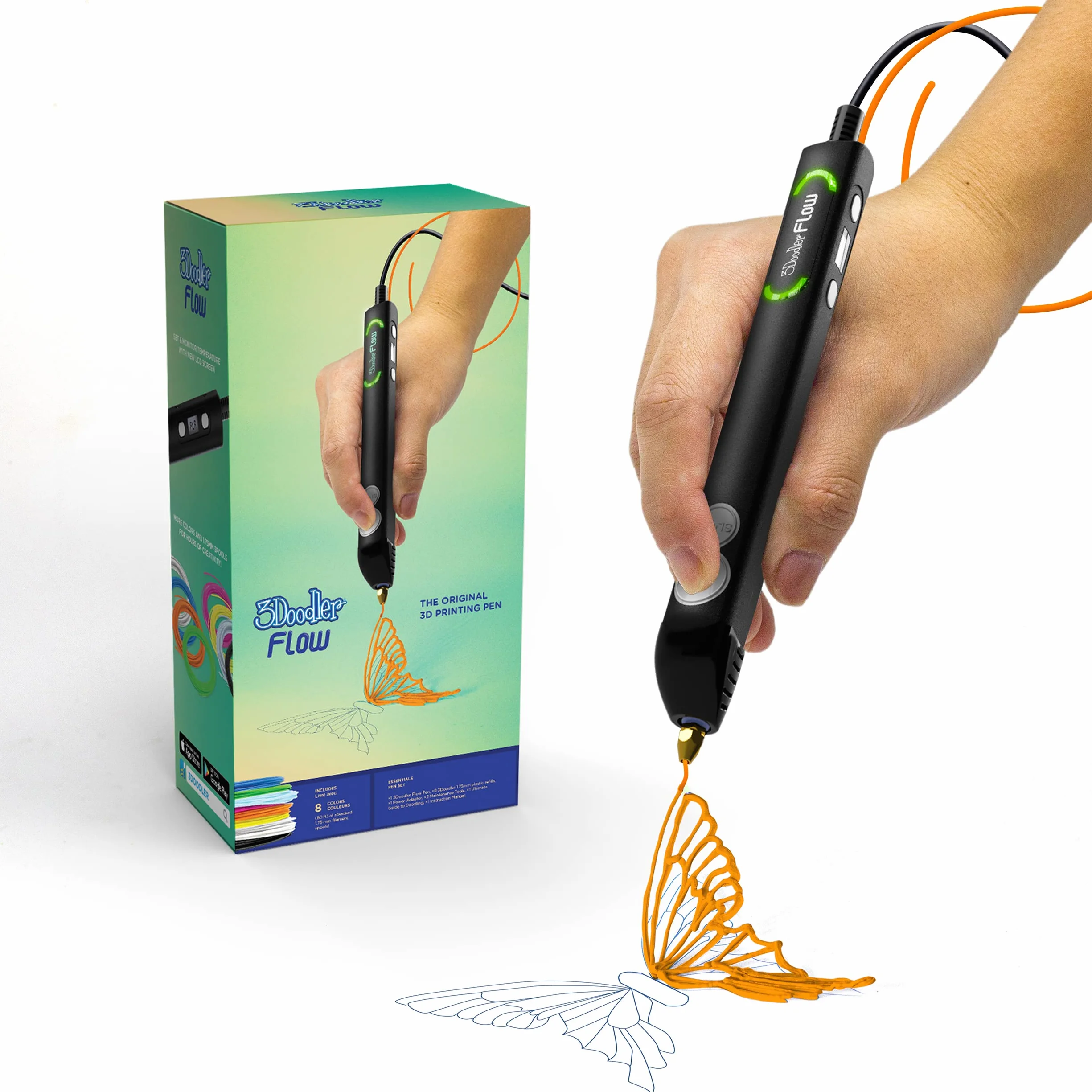 3Doodler Flow - Bolígrafo de impresión 3D para Adolescentes, Adultos y Creadores, Color Negro, con filamentos de Recambio gratuitos + Libro de Plantillas + guía de Inicio (Idioma español no
