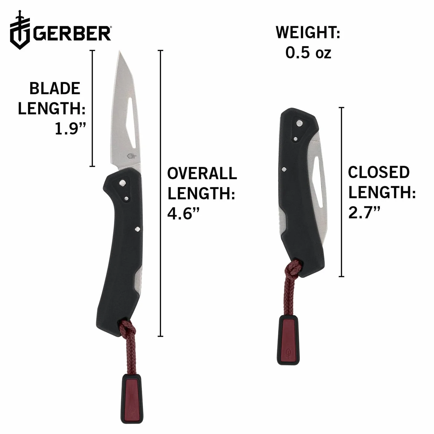 Gerber Navaja de bolsillo con cordón, LST Mini, hoja de acero inoxidable 440A Wharncliffe, escamas del mango de nylon reforzado con fibra de vidrio, longitud de la hoja: 4,8 cm, negro, 1074528