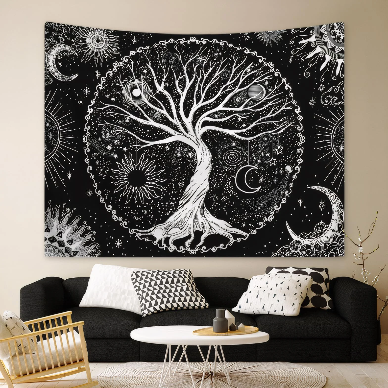 DecorDwell Tapices de Árbol de la Vida,150x130cm Tapiz Pared Fases Lunares，Tapiz de Mandala Psicodélico,Tapiz de Pared Blanco y Negro,para Habitación，Dormitorio，Salapareo Playa（ Blanco Negro