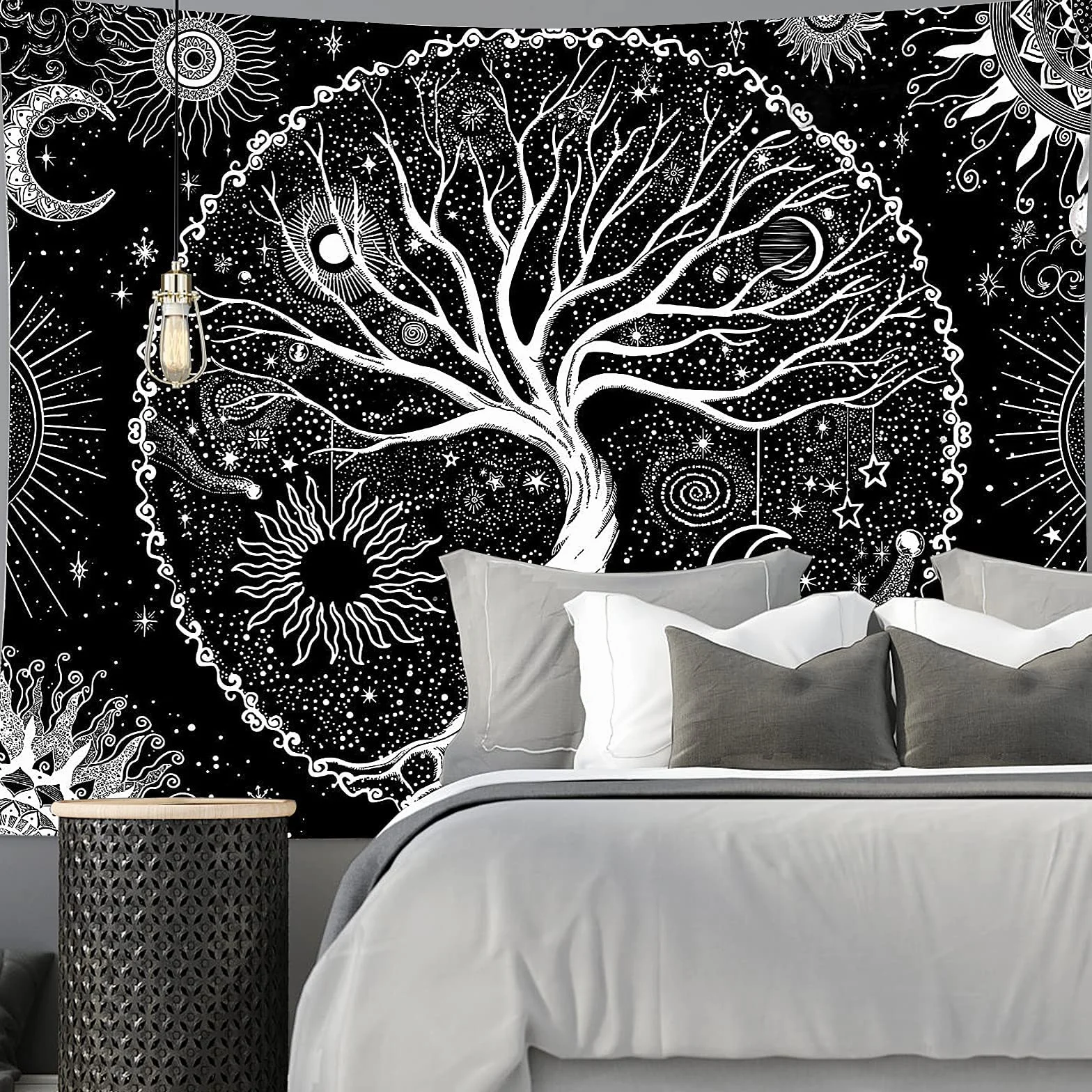 BOZILY Tapiz de pared Árbol de la Vida Blanco y Negro Fases Luna 150x200 cm