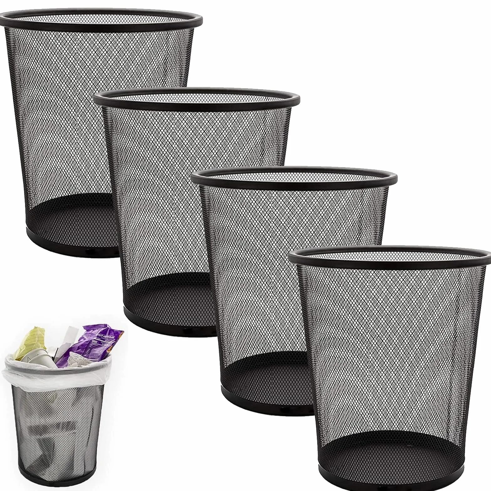 SENENQU 4 Piezas Papelera Escritorio de Malla Metálica 12L, Papelera Oficina Negra, Cubo Basura Redondo Ventilado para Baño, Dormitorio y Mesa de Trabajo, 26,5 x 23,5 cm