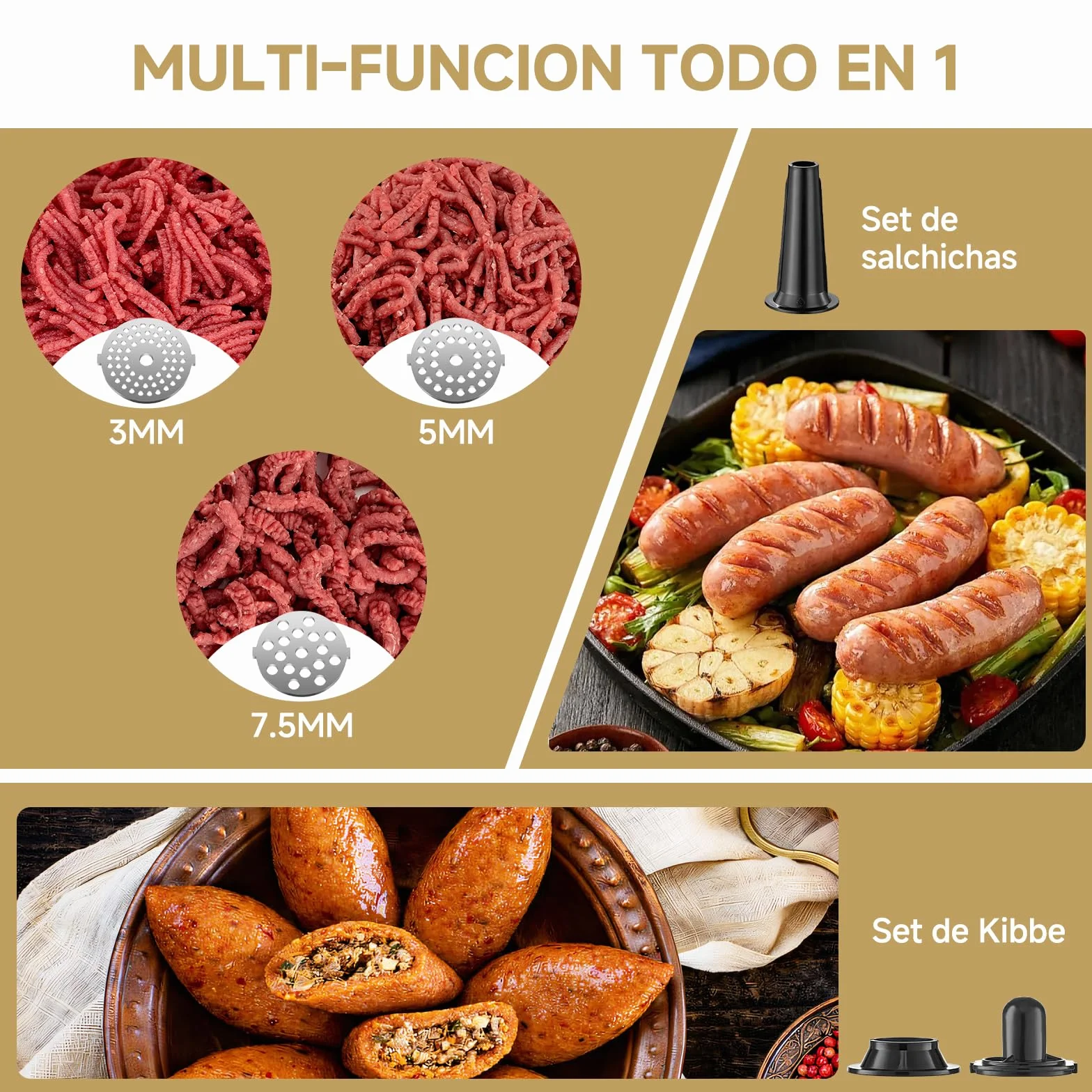 AAOBOSI Picadora De Carne, 3-EN-1 Picadora De Carne Eléctrica [3000w Max] Con 2 Cuchillas, 3 Placas De Corte De Acero Inoxidable, 1 Tubo Para Rellenar Salchichas, 1 Kit Kubbe