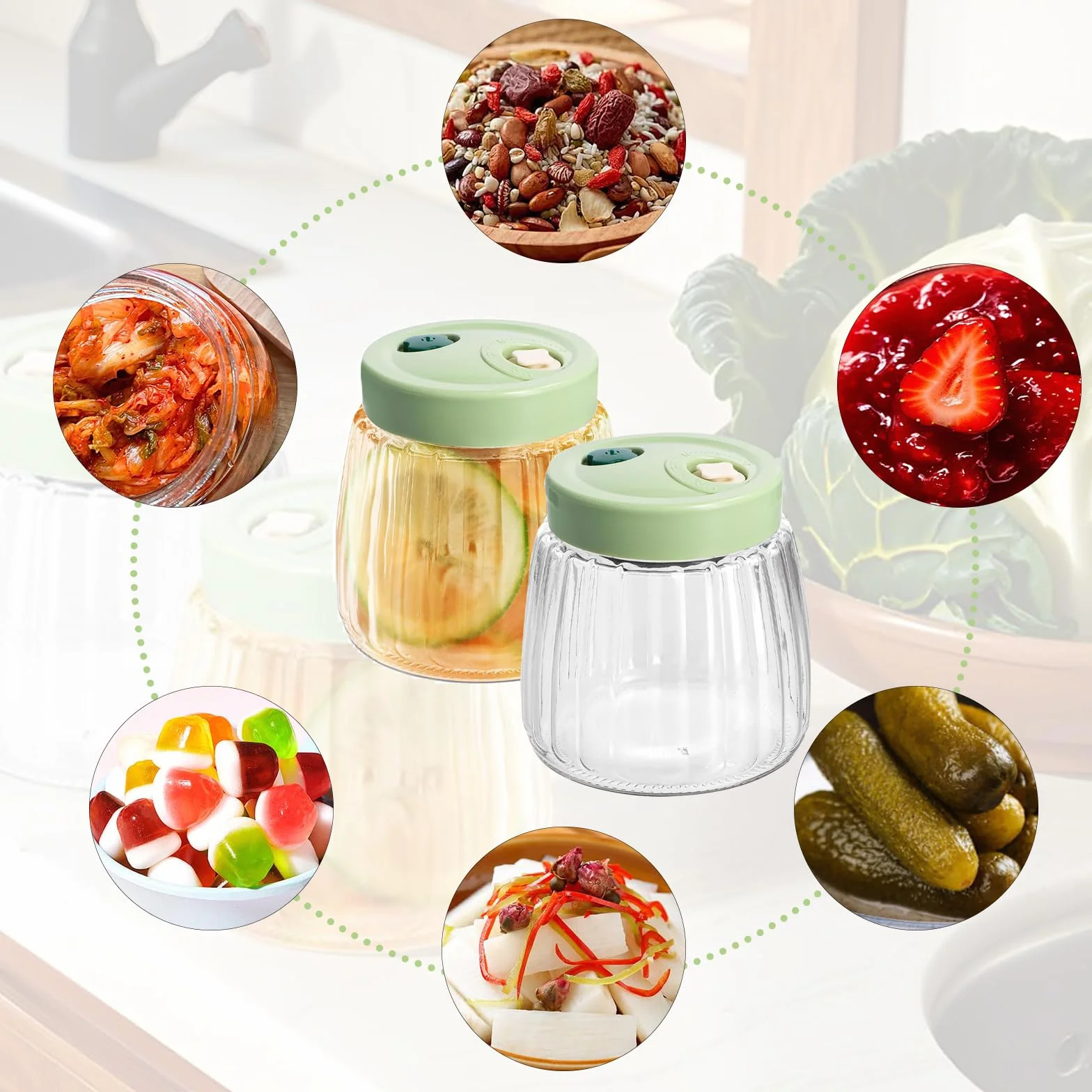 2 Tarros de Fermentación de Vidrio 1L con Doble Válvula, Fermentador Multiusos, con Pinzas y Machacador de Fermentación, Tarros de Conserva , Frascos Herméticos, para Kimchi, Chucrut, Mermeladas