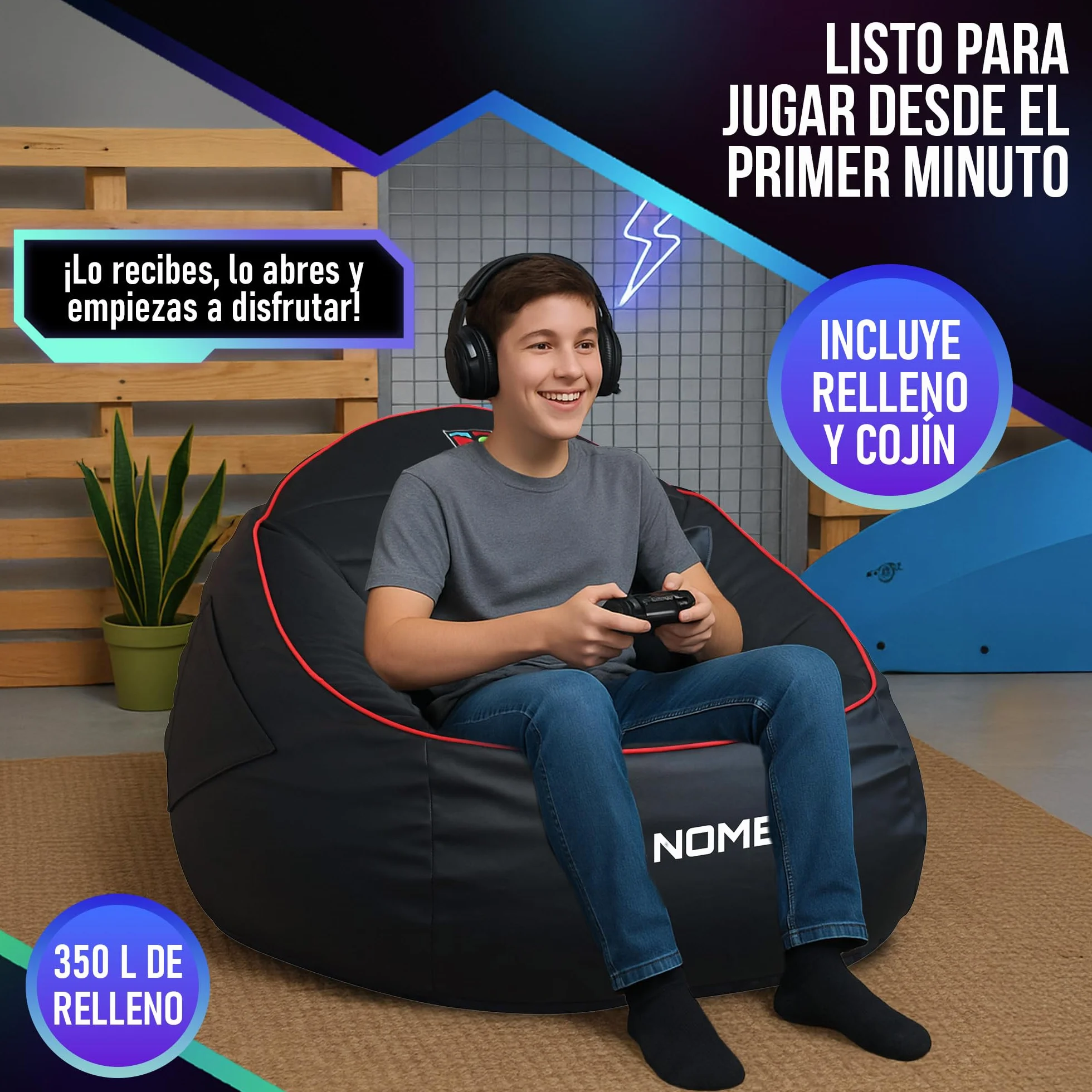 DECORESTOR Puff Gamer Personalizado con Nombre - Relleno y Respaldo Incluidos - Bean Bag XXL Gigante - Regalo para Niños y Adultos - 100% Polipiel