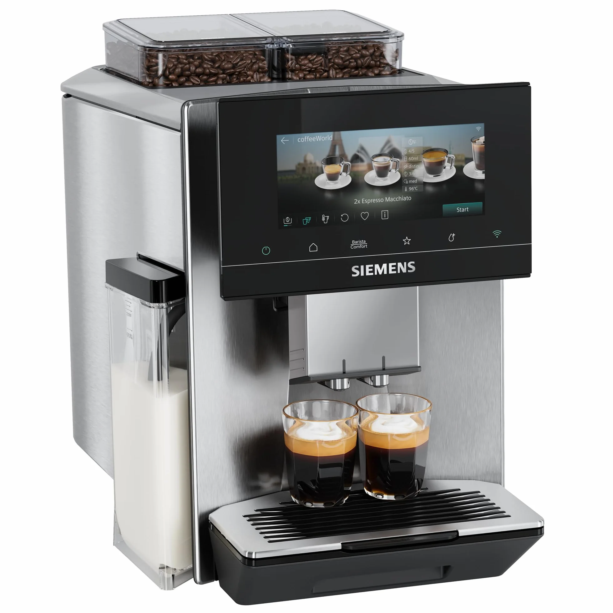 SIEMENS, cafetera superautomática, EQ900 iAroma, sabores personalizados, molienda precisa, pantalla grande para uso intuitivo, dos depósitos para granos diferentes, inox, TQ927E03