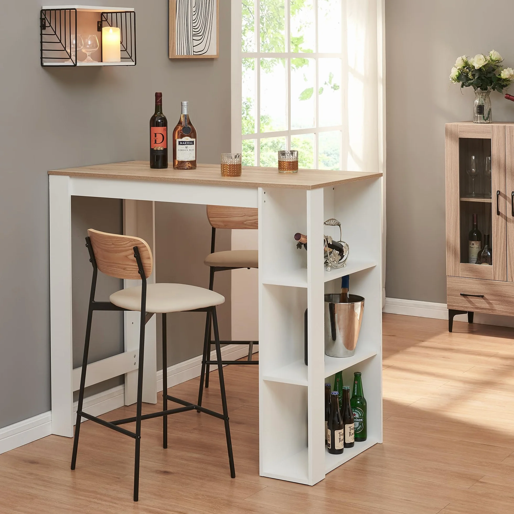[en.casa] Mesa Alta Cocina Danderyd Mesa de Bar Moderna con 3 Estantes Laterales para Comedor Oficina en Casa Aglomerado 120 x 60 x 106 cm - Blanco/Efecto Roble