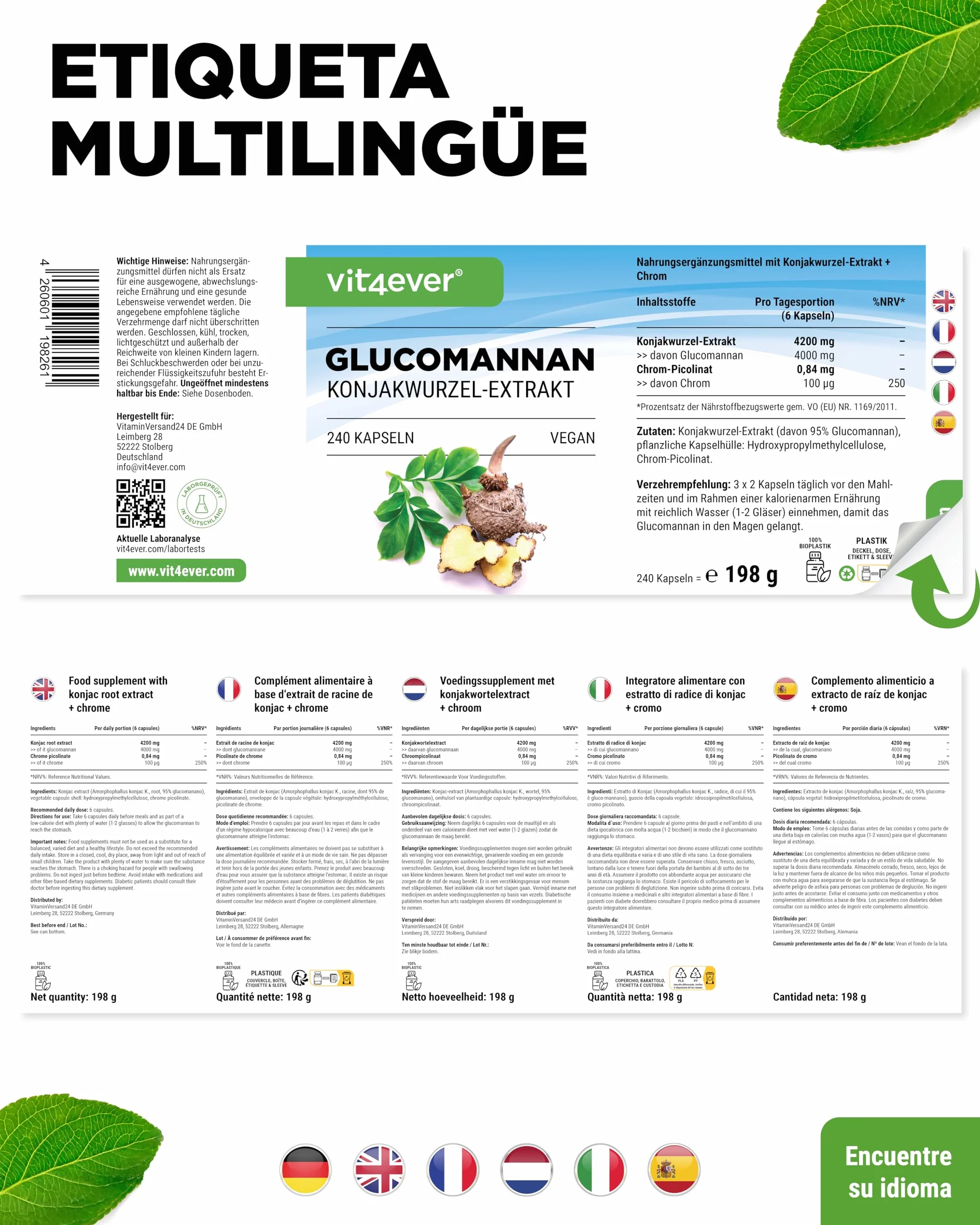 Glucomanano de la raíz de konjac 240 cápsulas 4200 mg por porción diaria con cromo Vegano