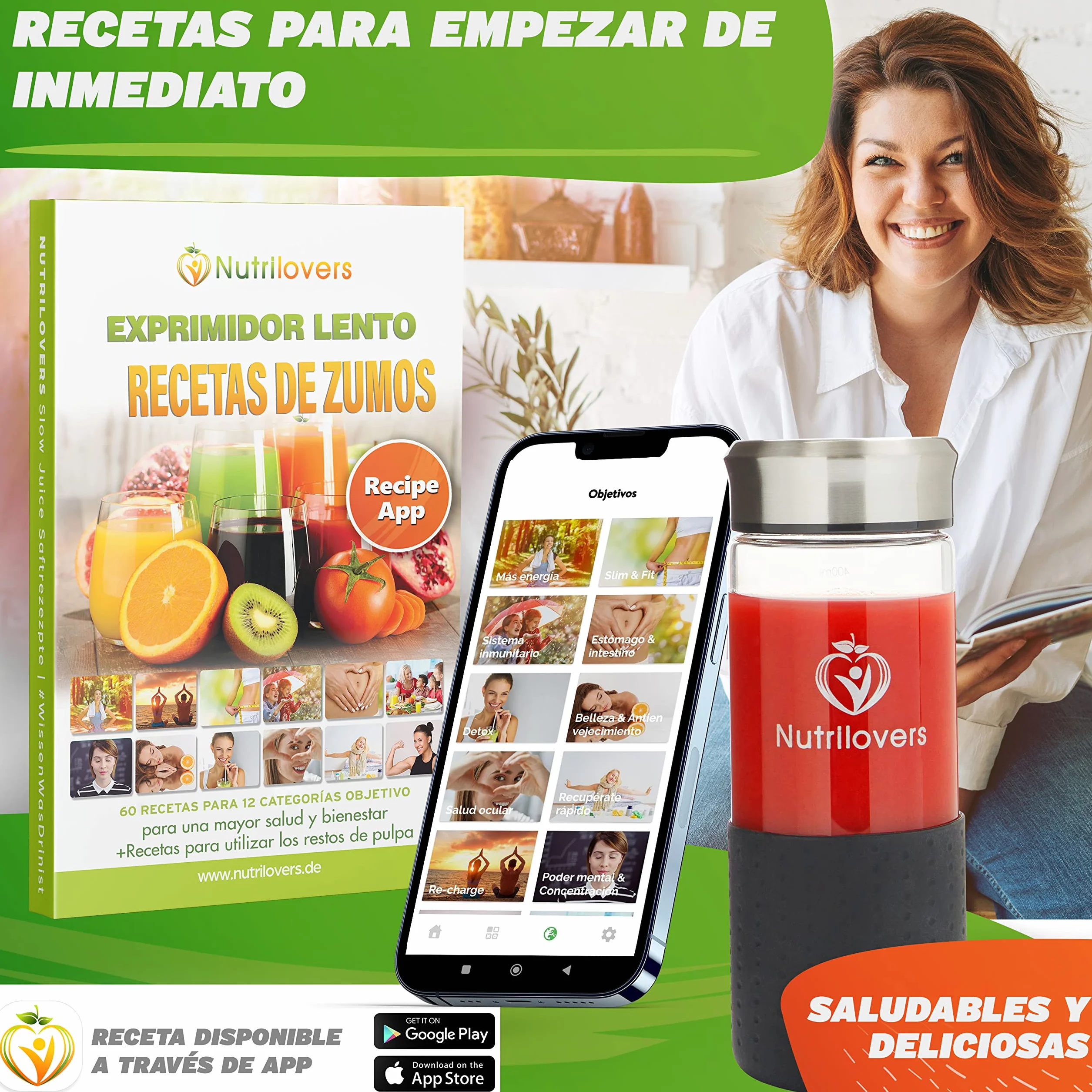 *NUEVO* NUTRI-PRESS NO.1 Exprimidor lento de 3 coladores para zumos, batidos y frutas heladas - Muy silencioso y 100% libre de BPA - Exprimidor eléctrico de frutas, verduras y apio