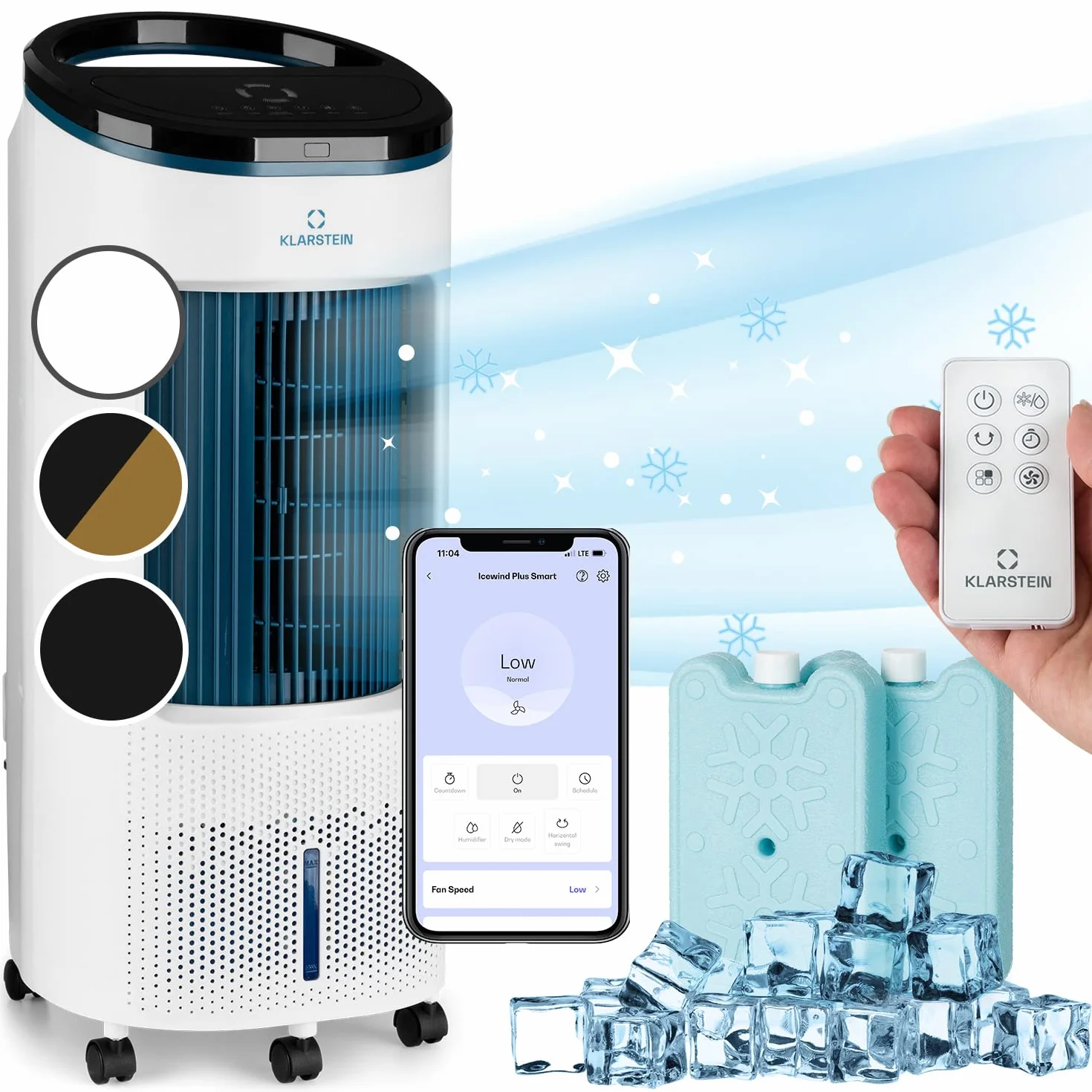 Klarstein IceWind Plus Climatizador Evaporativo – 4 en 1: Ventilador, Enfriador, Humidificador & Purificador, 330 m³/h, Control App & Alexa, Silencioso, Depósito 7L, Azul metalizado/Blanco