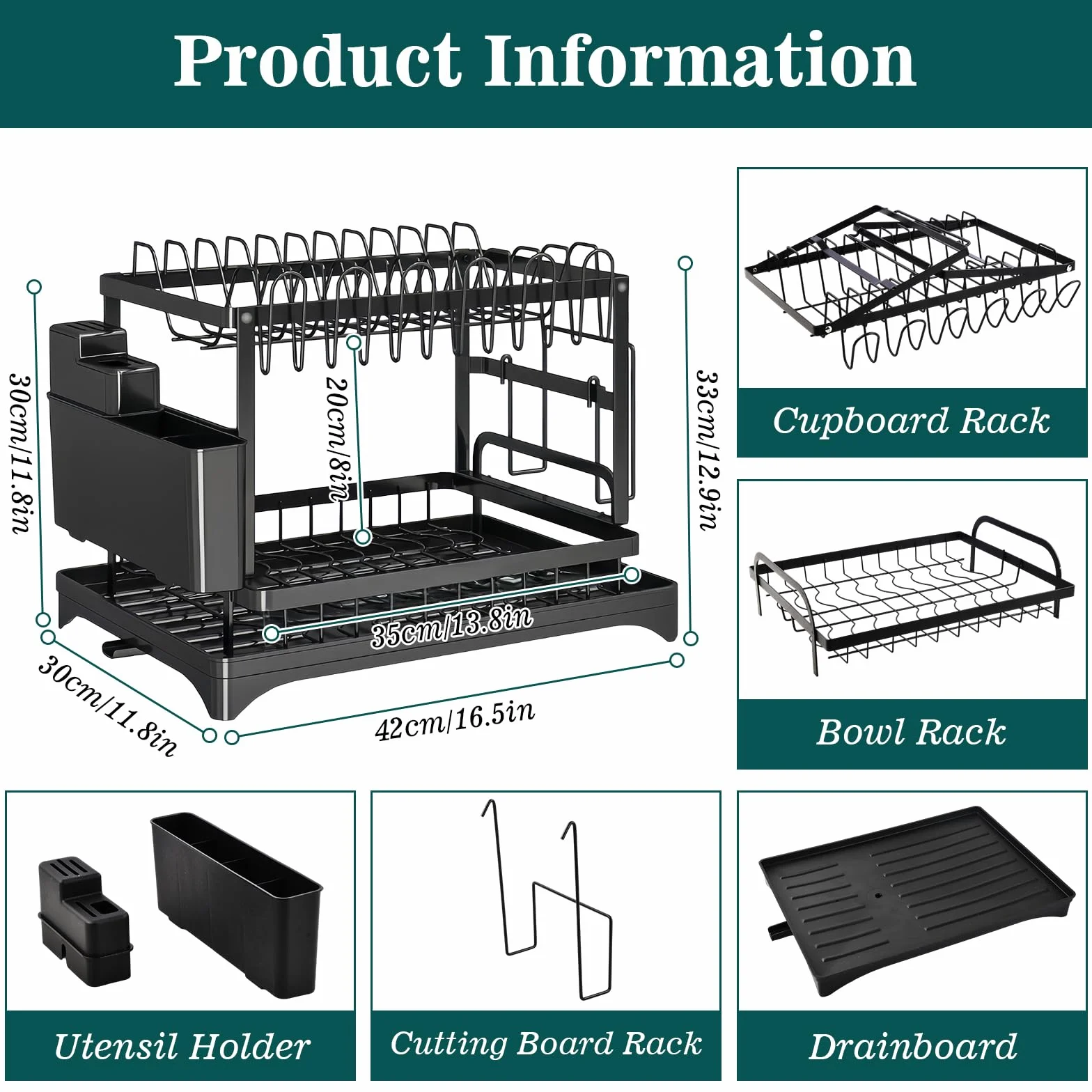Escurridor de Platos, Soportes para Platos de 2 Niveles, con Drenaje Automático, Soporte para Utensilios, Estante de Dish Escurreplatos Cocina, 42×29×29cm, Negro
