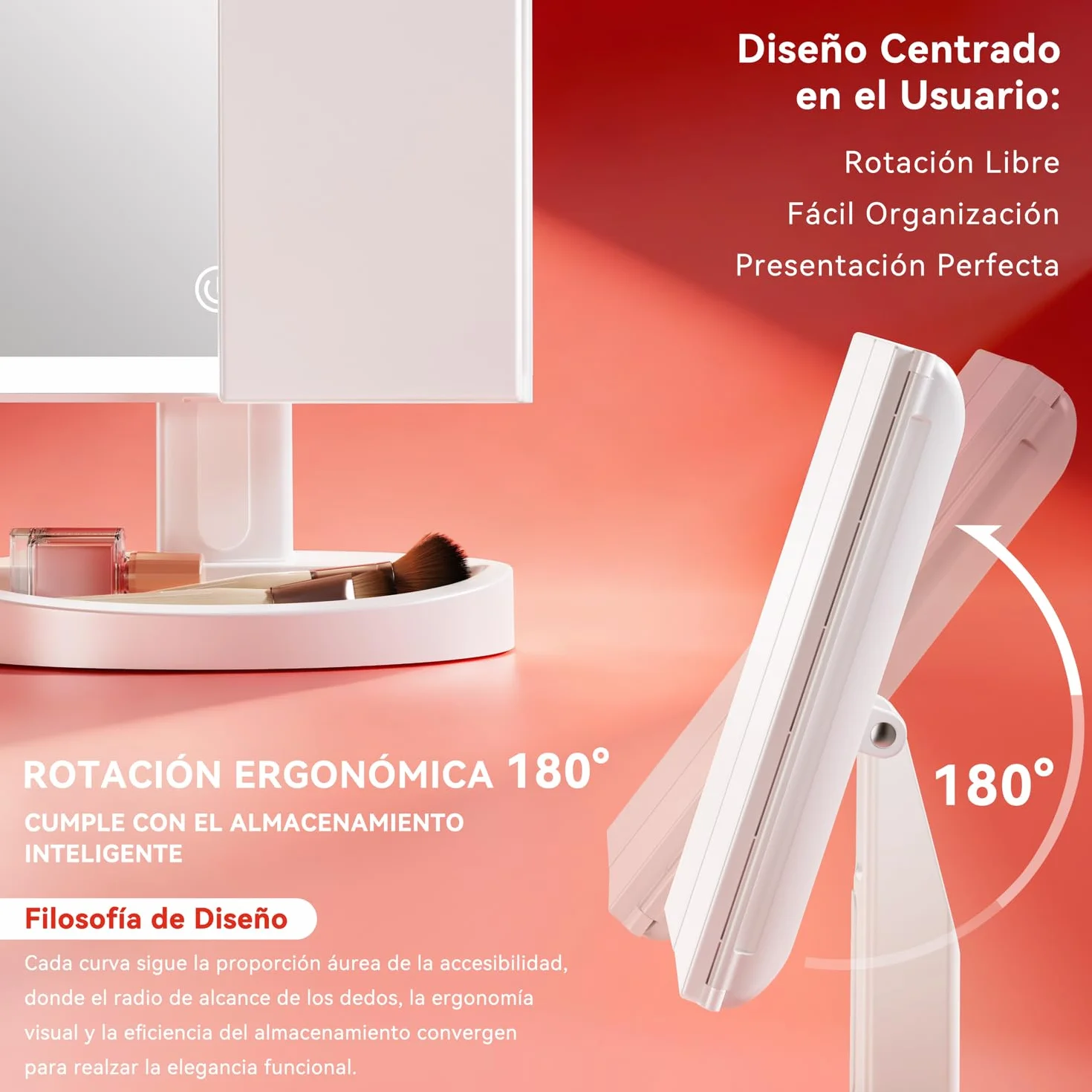 Auxmir Espejo Maquillaje con Luz 2000mAh Recargable 10X Aumento Tríptico 68 Leds Brillo Regulable 180° Giratorio 3 Colores Luz USB