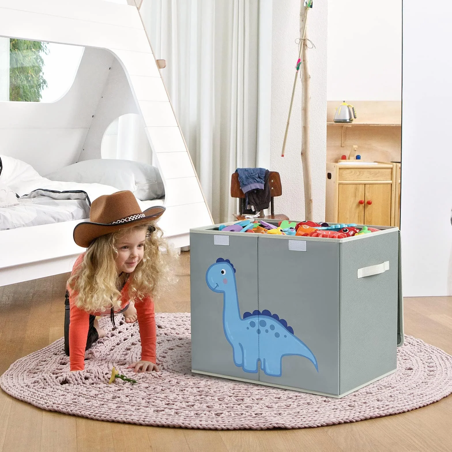 Cajas de Almacenaje Plegables con Tapa y Asa, Patrón Dinosaurio, Gris Claro