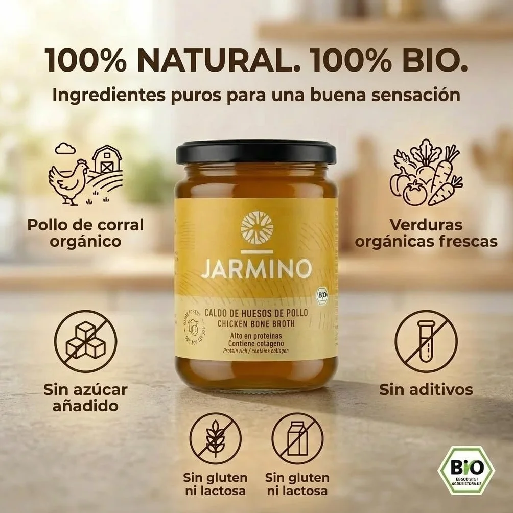 JARMINO Caldo de huesos orgánico 6x 350ml colágeno y ácido hialurónico sin gluten
