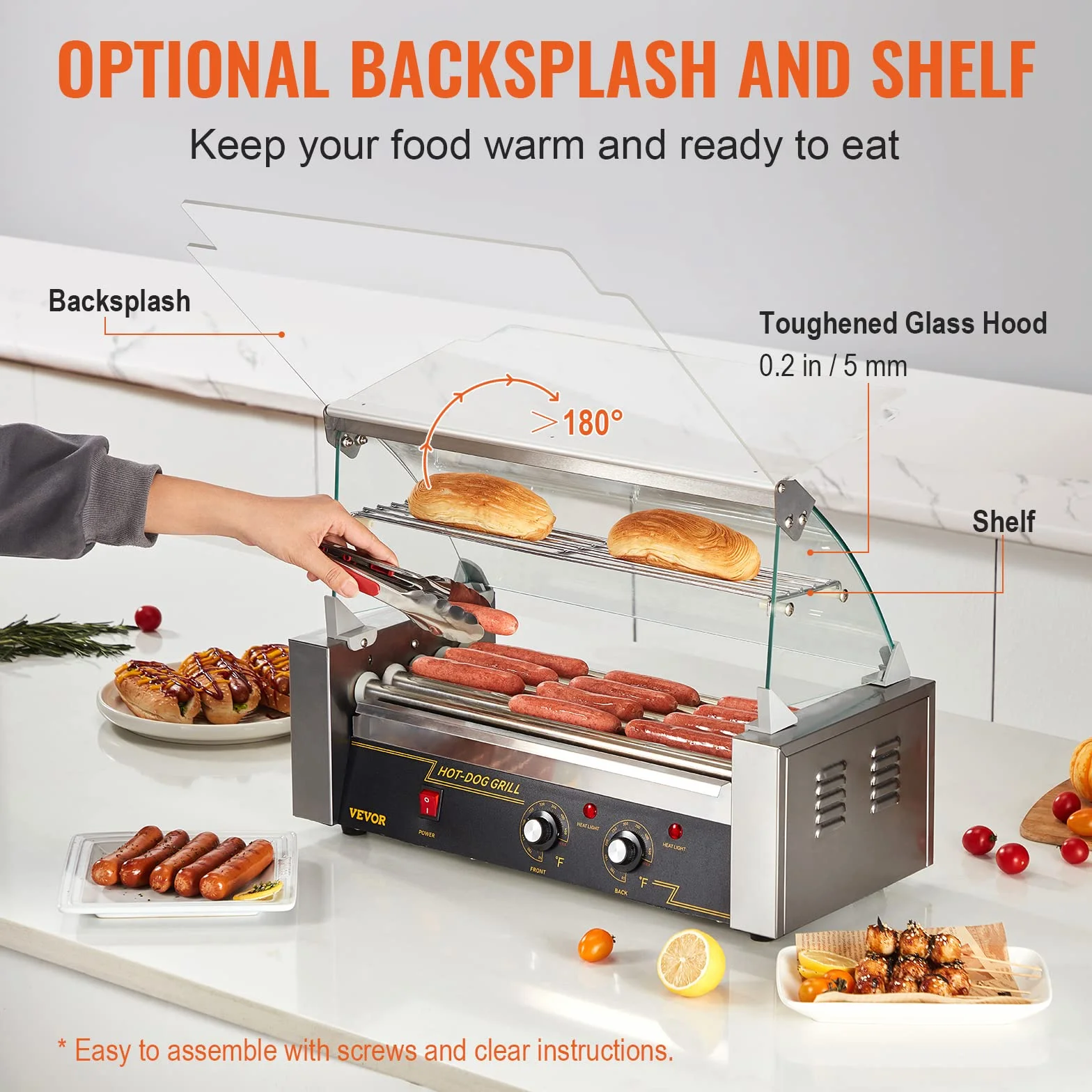 VEVOR Máquina de Rodillos para Perros Calientes de 56 x 25 x 41 cm con una Parrilla de Acero Inoxidable de Calidad Comercial, 50 °C-250 °C, 1000 W ±15%, para Puestos de Comida, Fiestas y Barbacoas