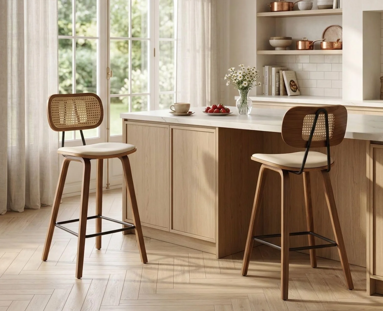 chairus Juego de 2 Taburetes de Bar de Madera Taburetes Altos de Cocina con Respaldo de Ratán, Sillas Altas con Asiento de Cuero PU para Isla de Cocina/Restaurante, Biege