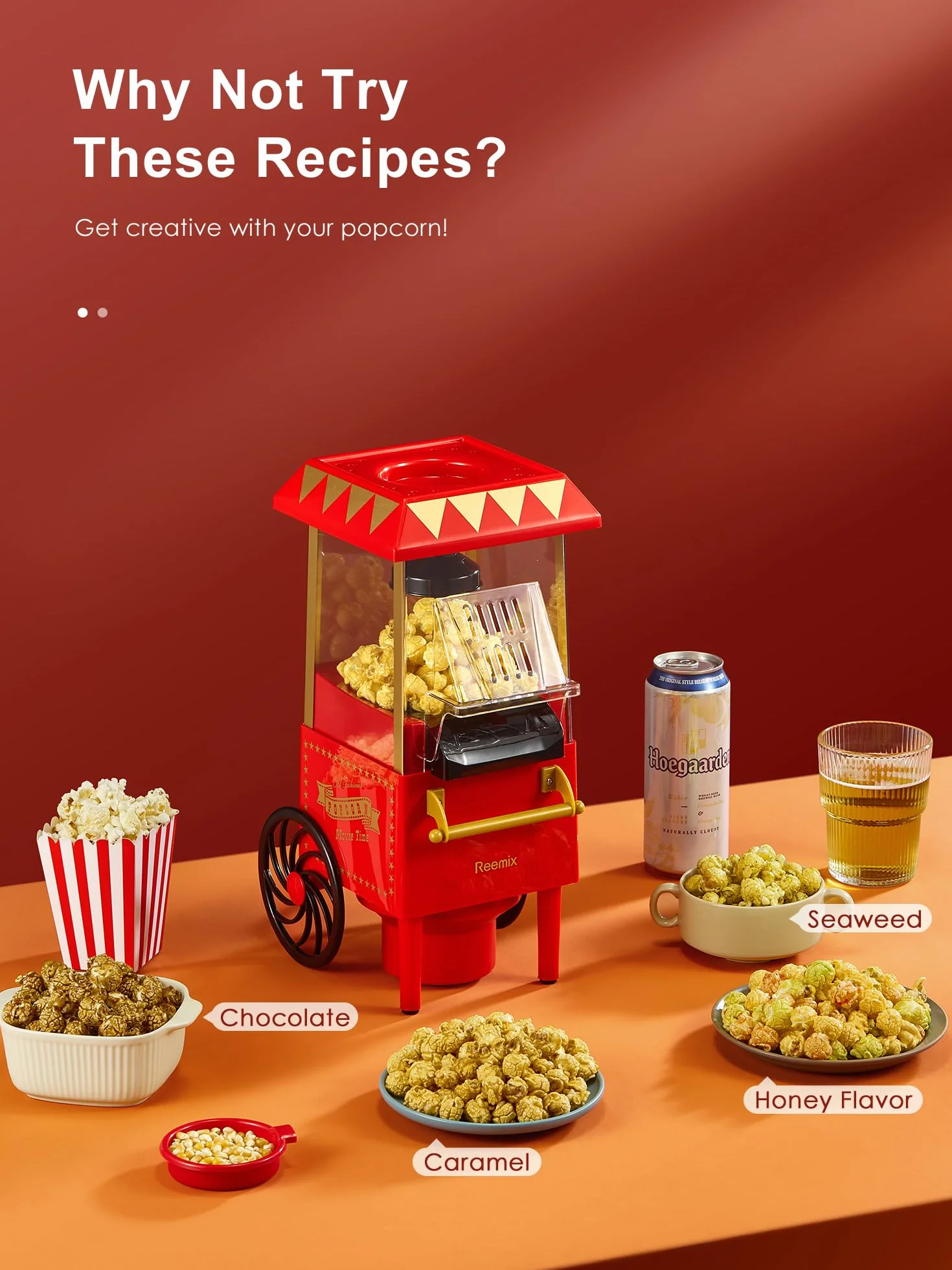 Máquina de palomitas 1200W Diseño retro sin Aceite ni Mantequilla