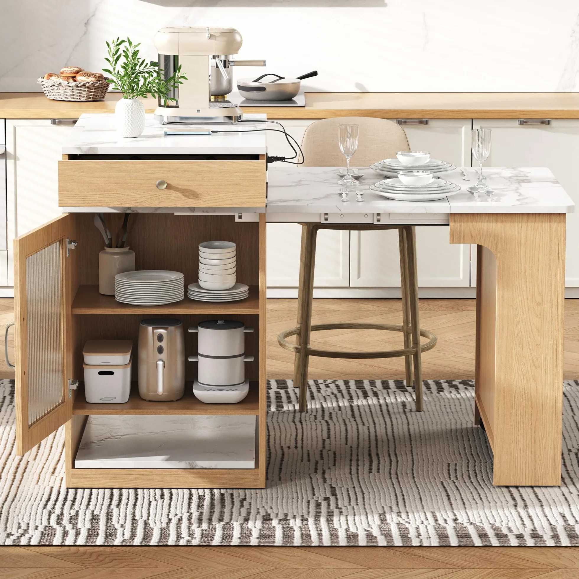 Kebnor Isla de Cocina con Ruedas, Mesa de Comedor Extensible con Tablero Desmontable, Mesa de Bar con Regletas de Enchufes, Sirve como Aparador o Alacena para Cocina y Sala