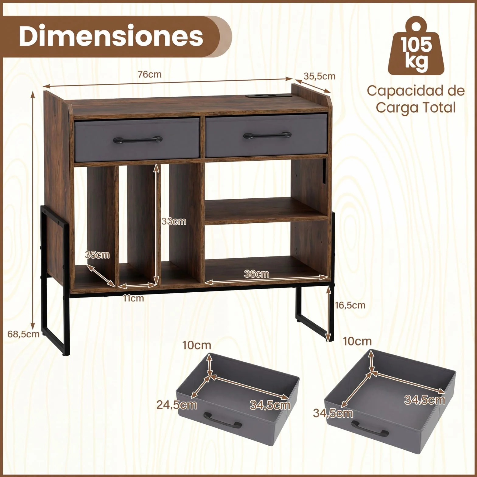 COSTWAY Mueble para Tocadiscos y Vinilos con Estación de Carga, 5 Compartimentos, 76x35,5x68,5 cm