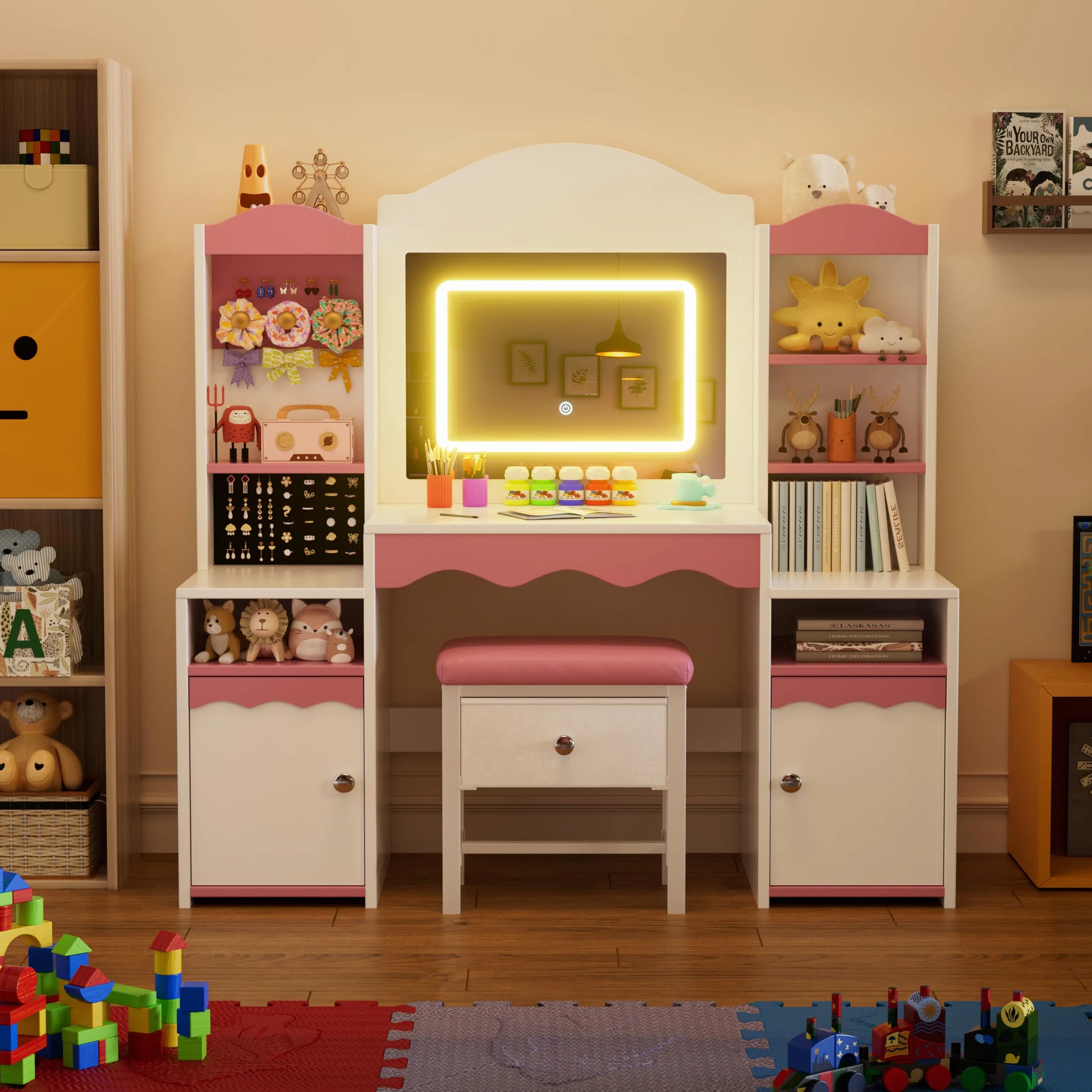 MSFE 2 en 1 Tocador Niña con Espejo y Luces,Mesa de Maquillaje con Taburete y Armario de Almacenamiento,Tocador de Princesa con Estantes y Soporte para Joyas,Tocador de Maquillaje para Niñas