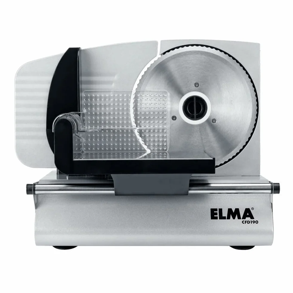 ELMA Cortadora de Fiambre CFD 190 Cortafiambres Eléctrico | Ø 190 mm, 150W, 23 x 27 x 37 cm | Cuchilla de Acero Inoxidable Desmontable, Corte Regulable 0-15 mm, 2 posiciones