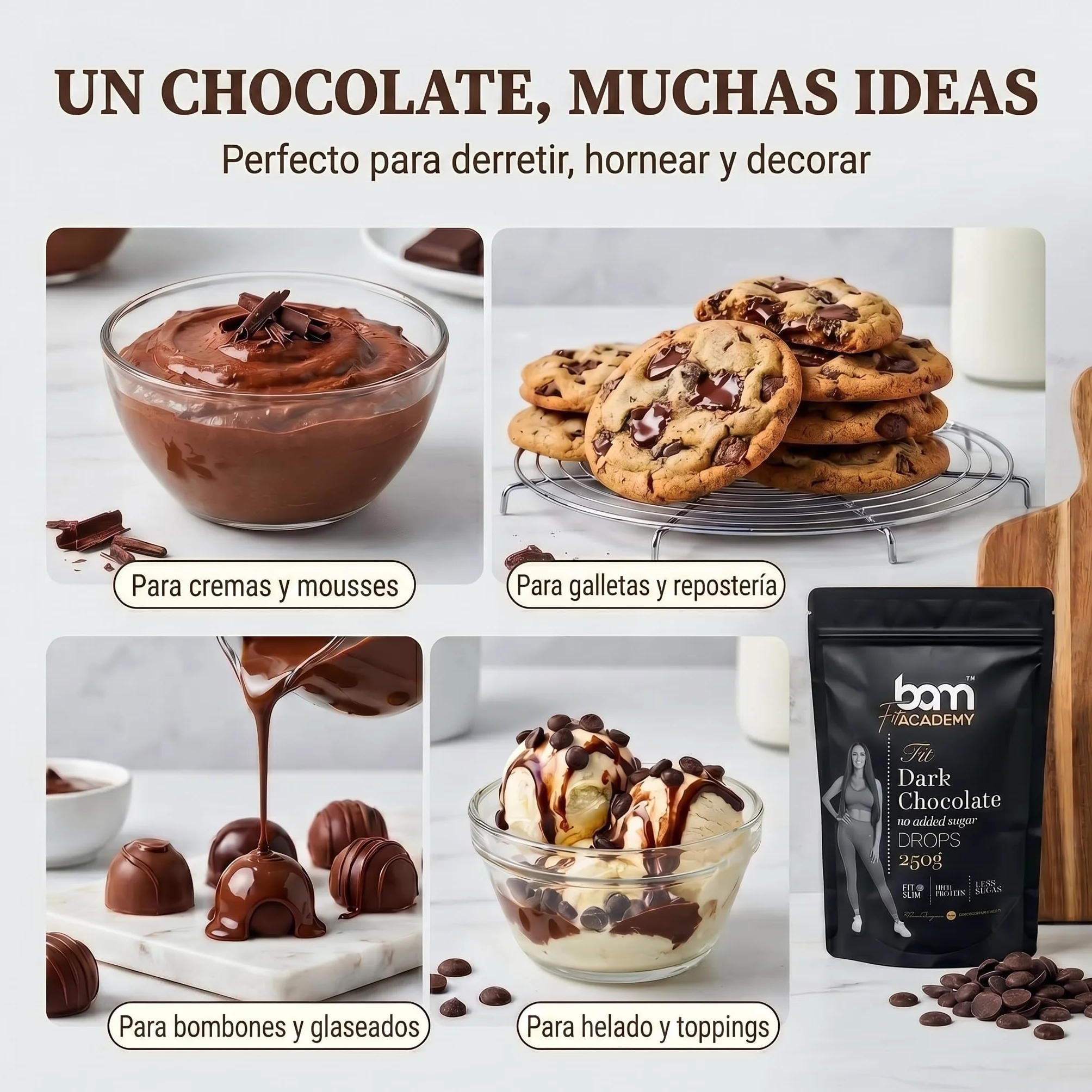 BAM Pepitas de Chocolate Negro sin Azúcar Añadido 250 g – Gotas de Repostería 55.4% Cacao